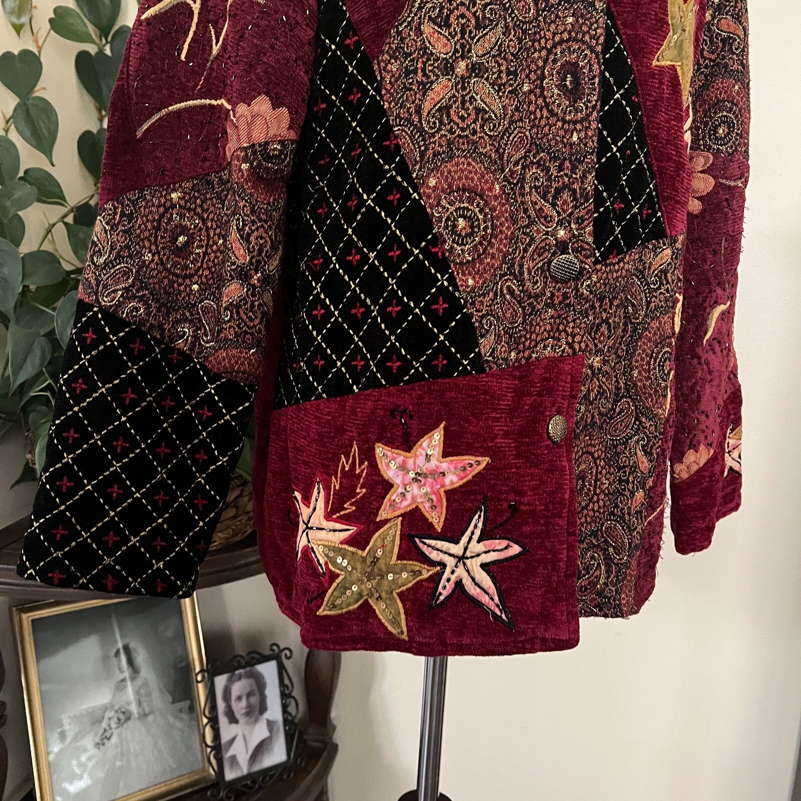 Alex Kim Vintage Burgundy Embroidered Patchwork Jacket sz Petite M