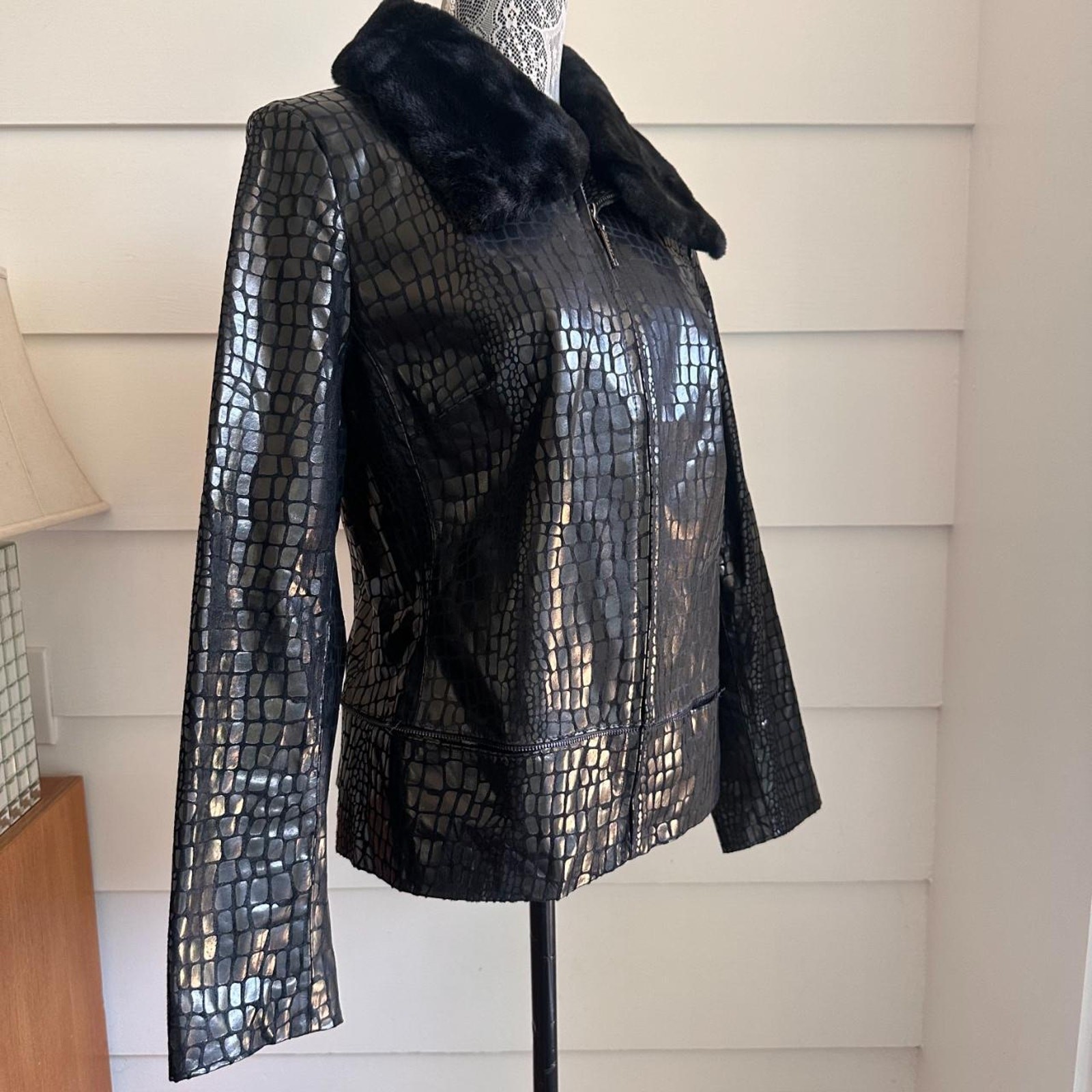 Y2K Black Leather Jacket with Faux Fur Collar by Bradley Bayou