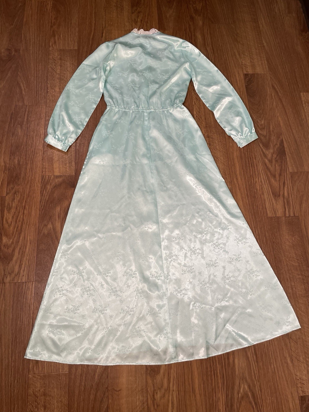 Vintage 60s Blue Satin Prom Maxi Dress Small Floral Modest Cottagecore Coquette