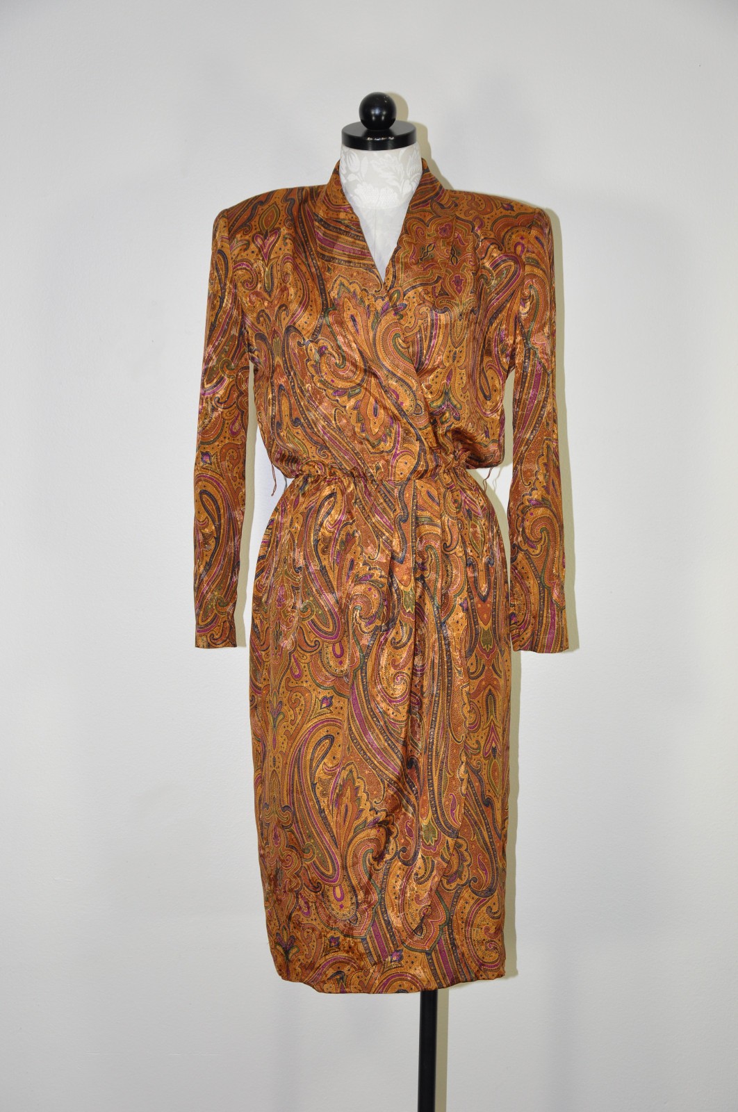 80s Vintage Spice Brown Silky Charmeuse Paisley Strong Shoulder Dress Women S M