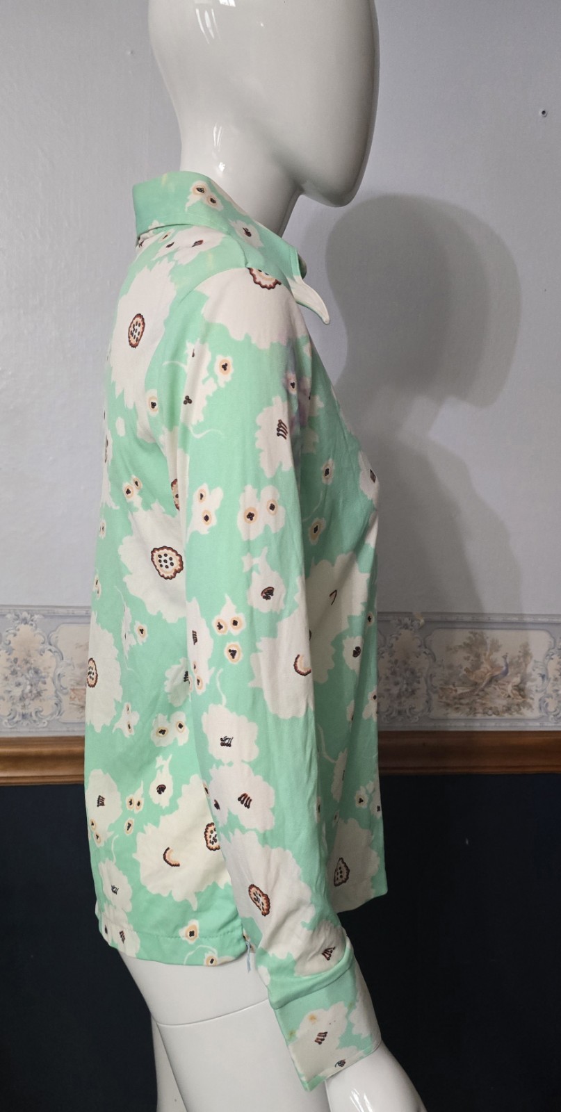 70s Mint Green Floral Disco Shirt Dagger Collar Fits Modern XS/S (Tagged L)