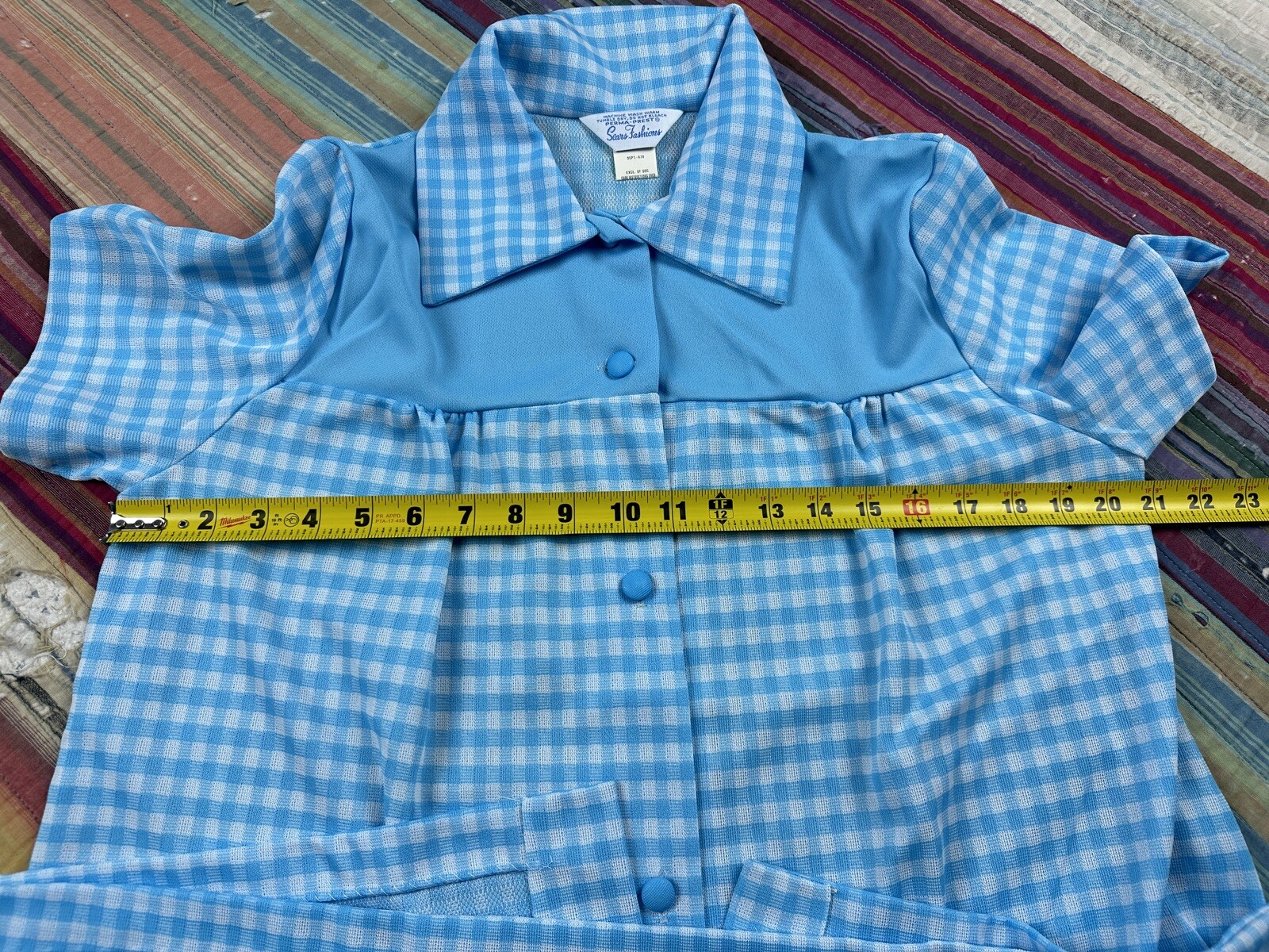 Vtg 1970’s Sears Fashions Blue Gingham Checkered Button Down House Coat Sz M