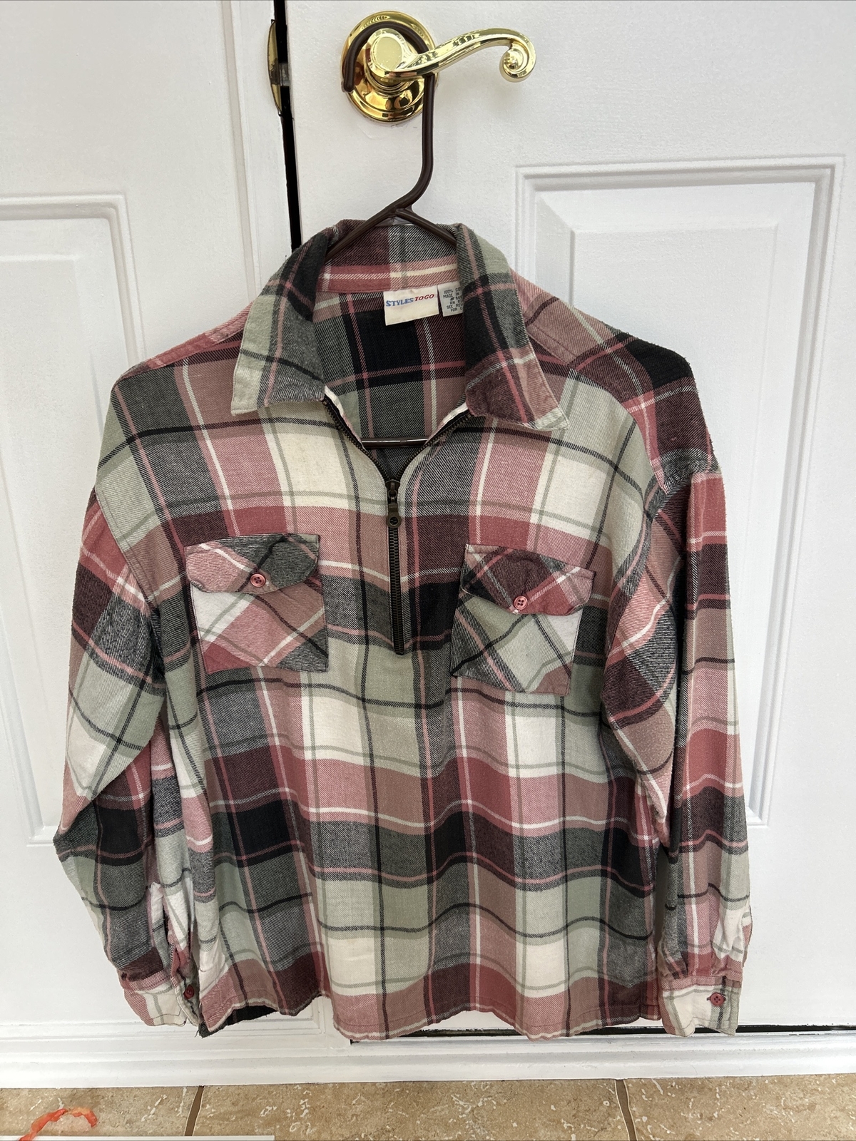 Styles to Go Vintage Plaid Long Sleeve Top Collared Multicolor S With Zip