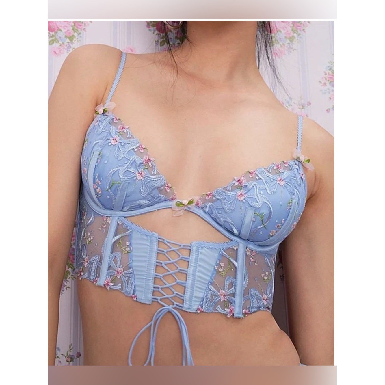 For Love & Lemons Belle Bow Bustier Blue Floral Lace-Up NWT