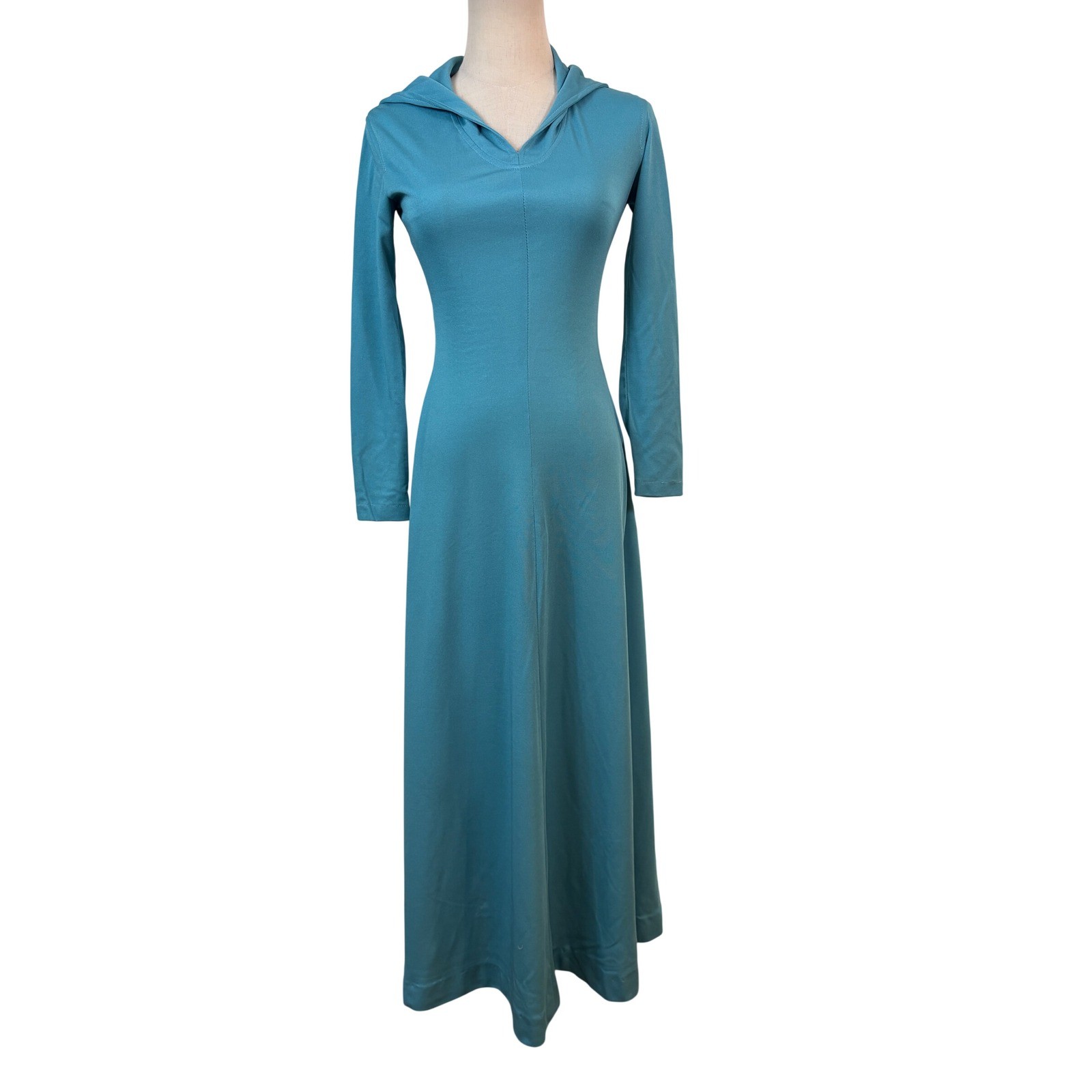 Vintage 70s Jody of California Teal Blue Hooded Maxi Dress Long Sleeve Gown