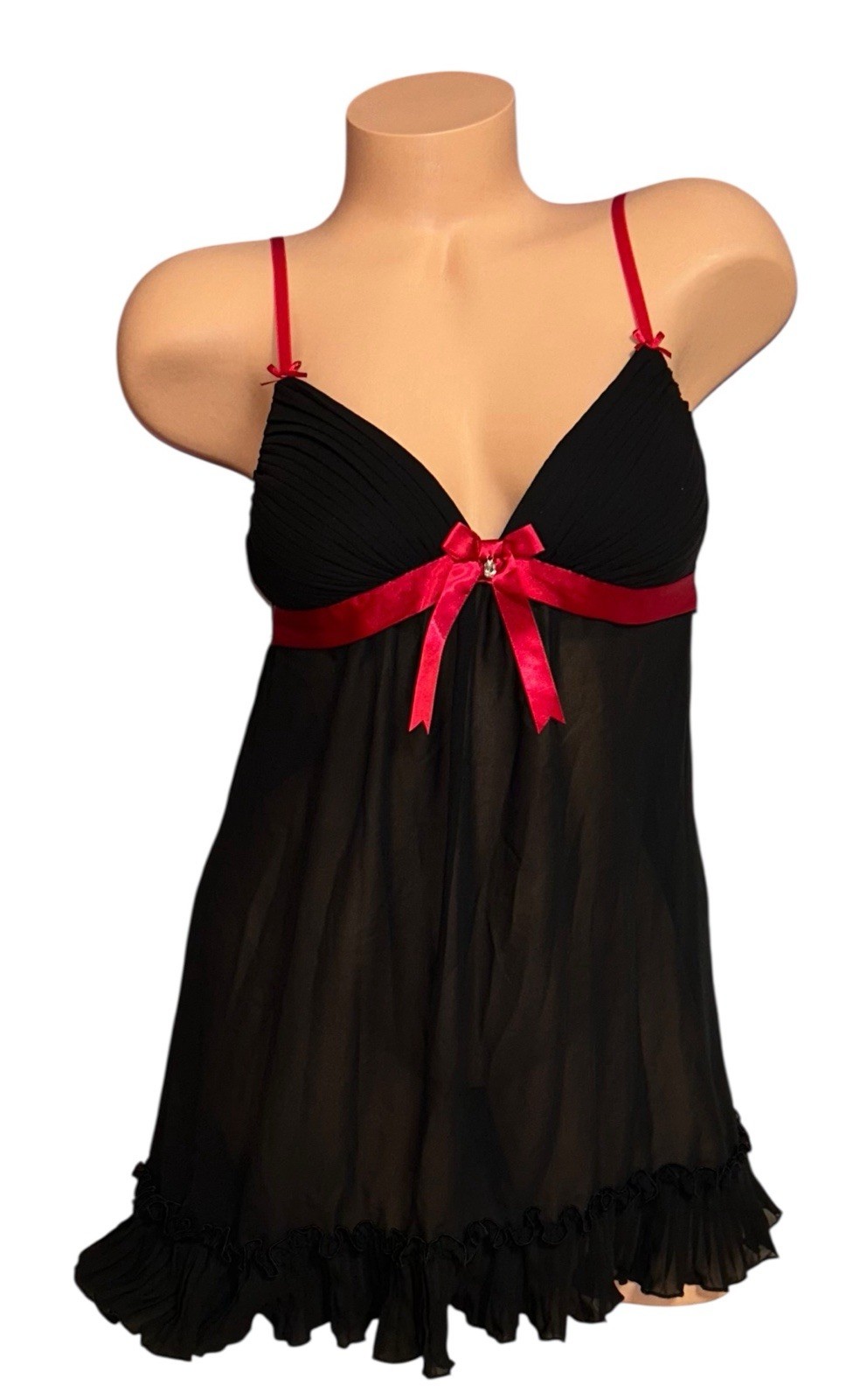 LINEA DONATELLA Black Sheer Red Satin Trim Ruffle Nylon Nightie Womens S NOS