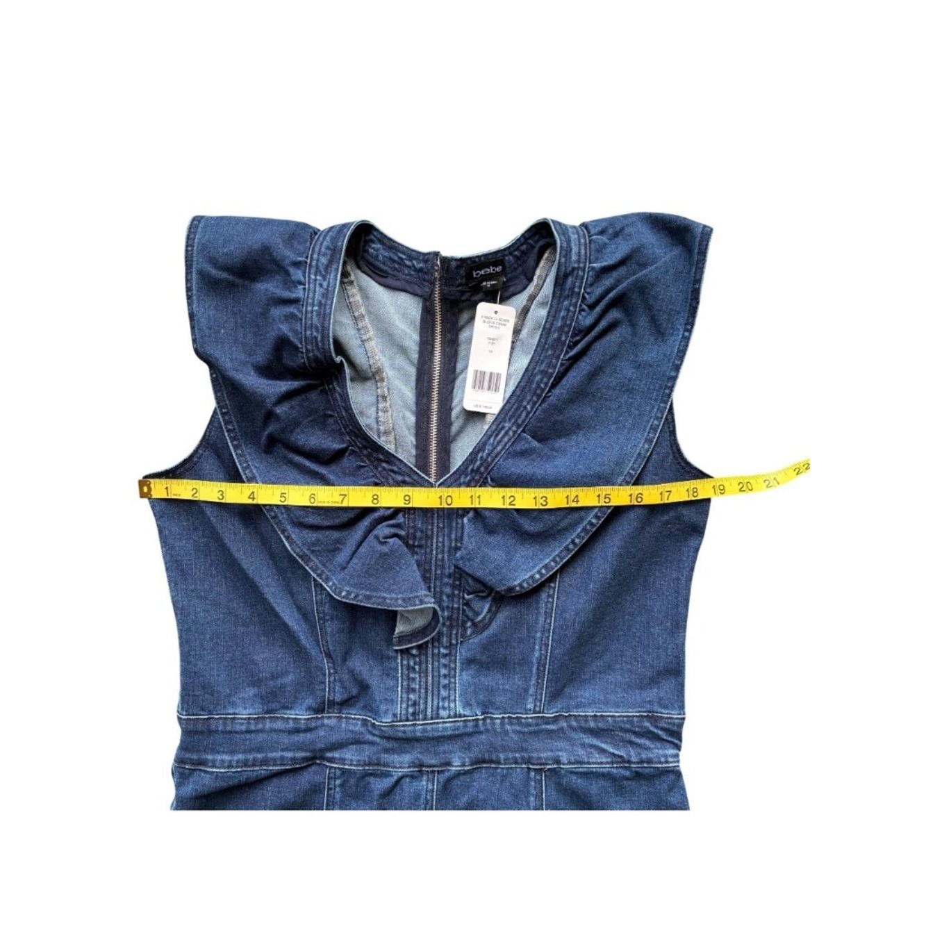 Bebe V Neck Cascade Sleeve Denim Dress Size 10 Medium Wash Blue Stretch NWT $149