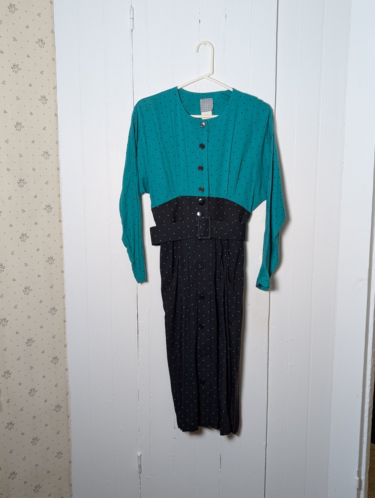 Vtg. 1980’s Women’s Rabbit Designs Belted Green/Black Polka Dot L/S Dress Size 8