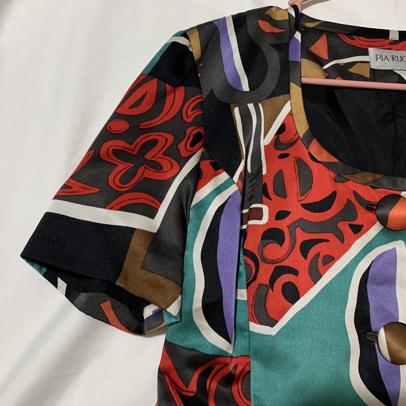Vintage Pia Rucci Size 6 100% Silk 80s 90s Patchwork Design Button Down Blouse