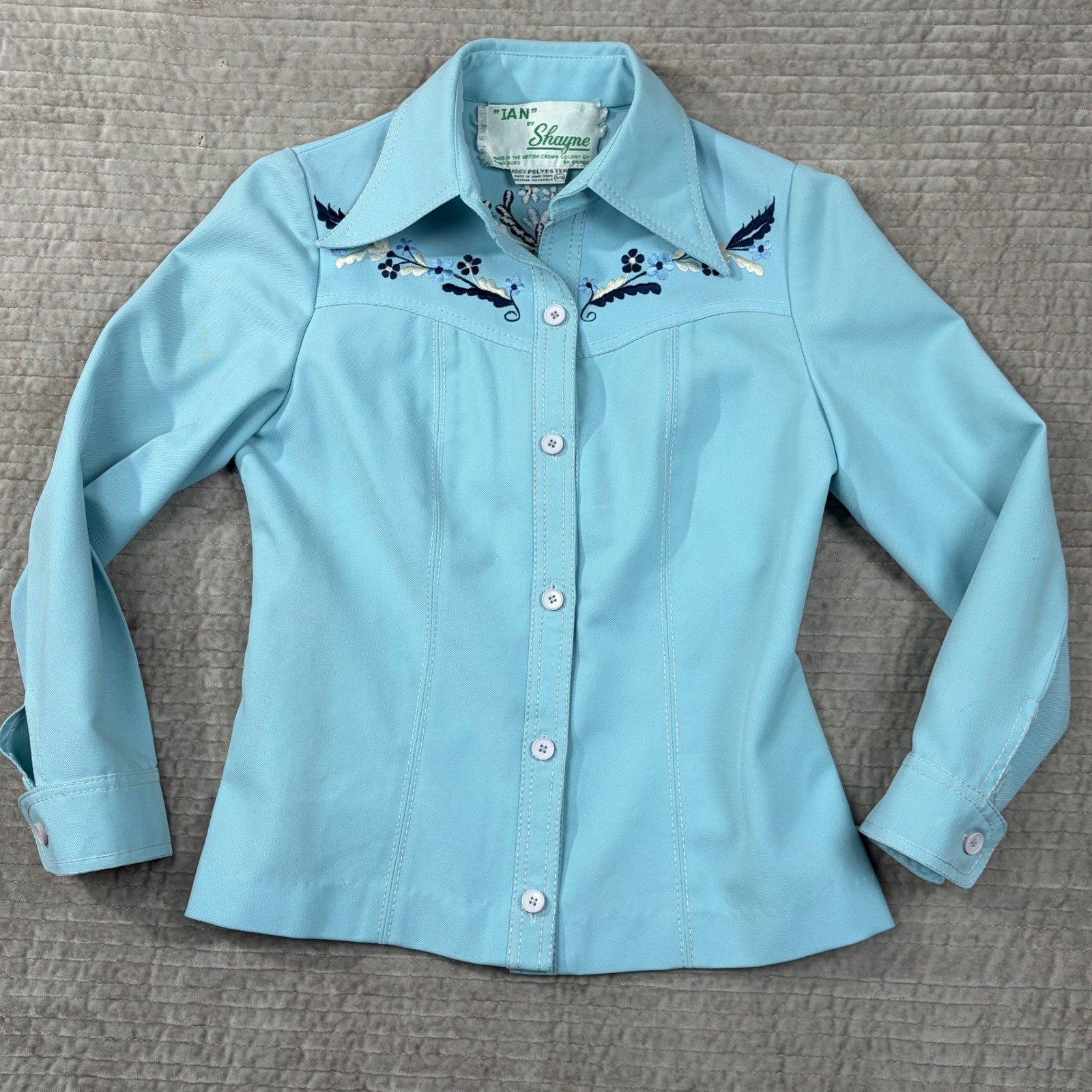 Vintage Ian by Shayne Blue Embroidered Western Shirt 70s Floral Button Down 9/10