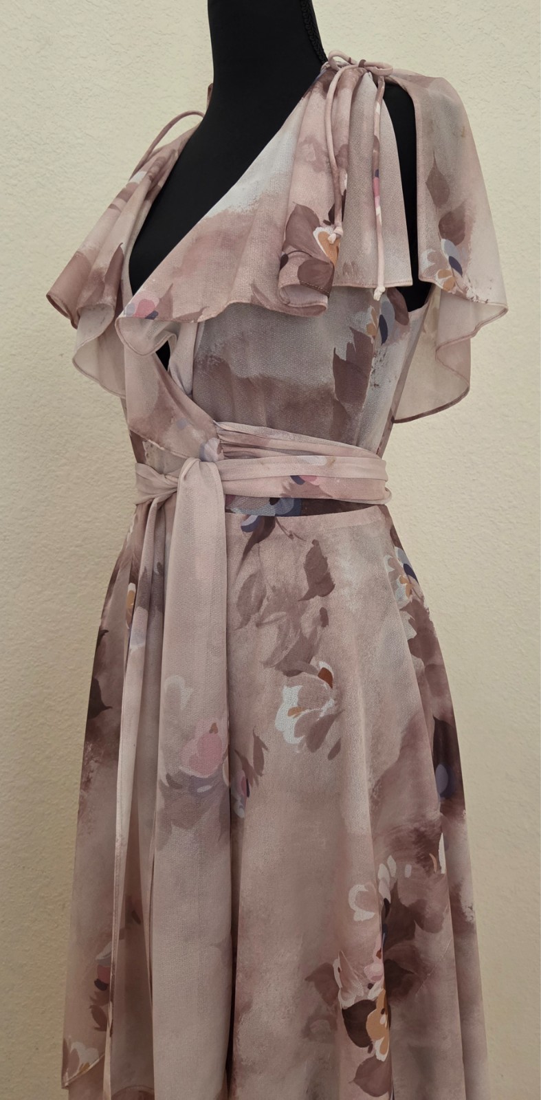 Vintage 1970’s Joseph Magnin Floral Wrap Layered Dress with Tie Cap Sleeves