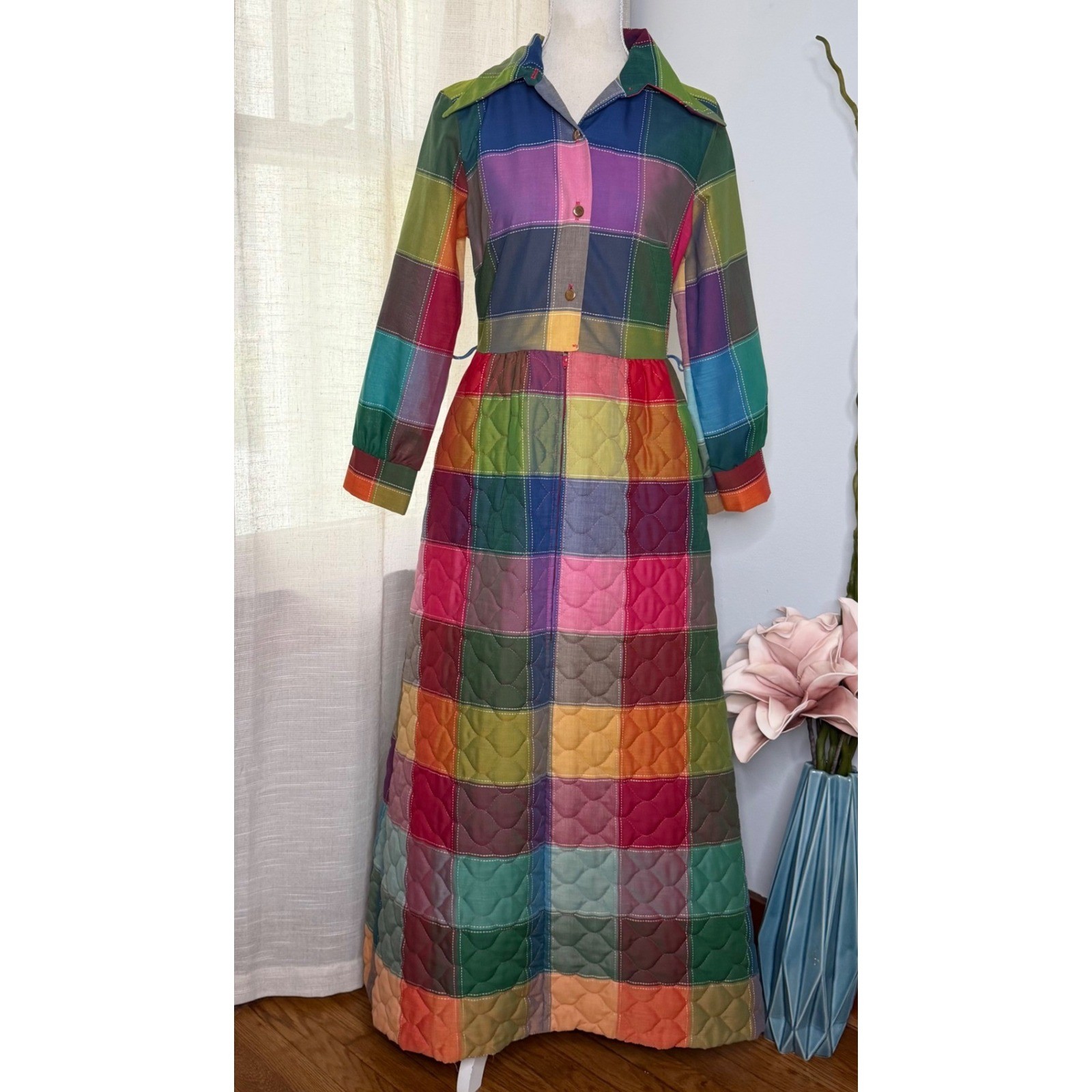 60s/70s Vintage Penneys Loungewear Quilted Rainbow Patchwork Maxi Dress Robe S