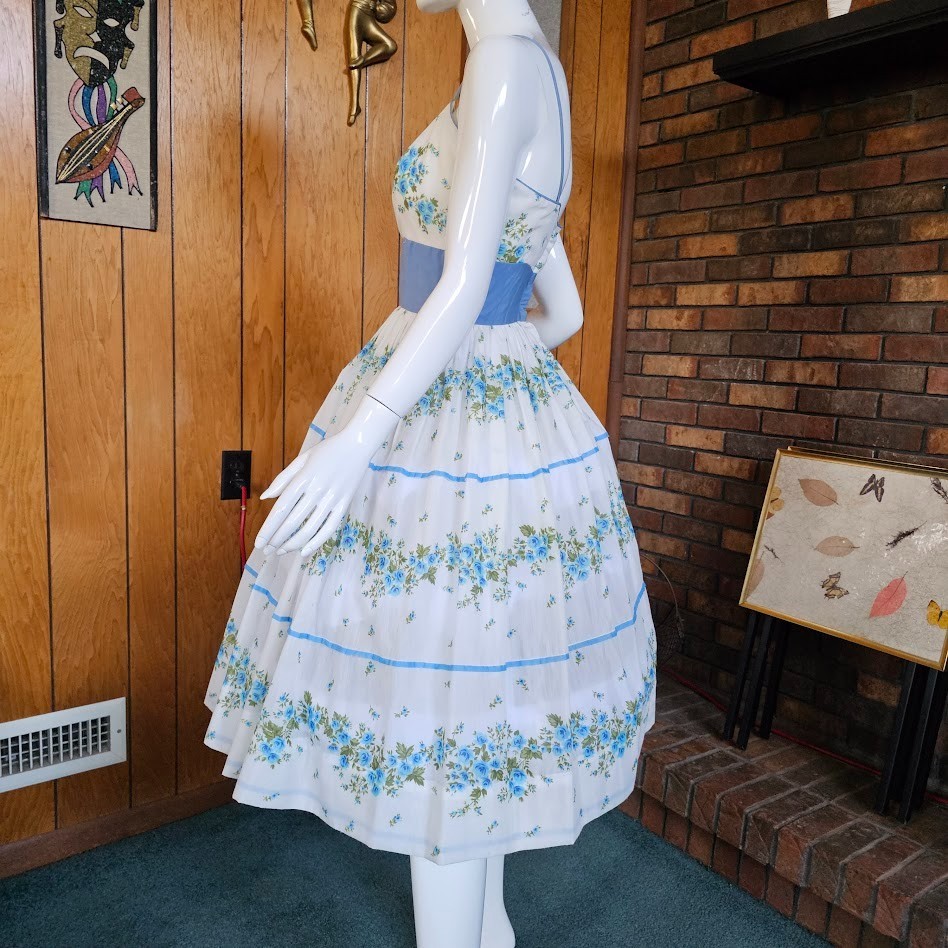 Vintage 50s Aqua Olive Cabbage Rose Voile Sheer Circle Skirt Party Prom Dress S