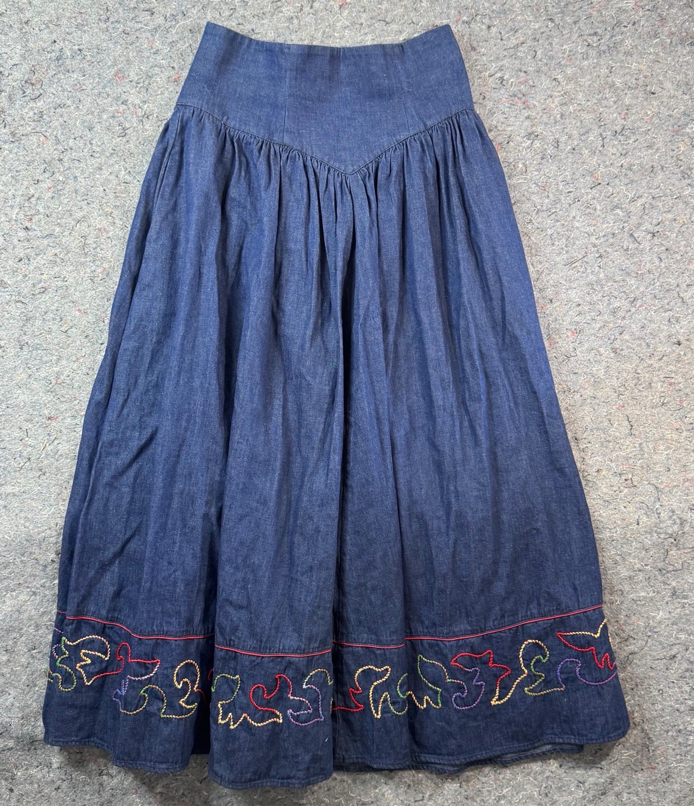Vintage 80s Robellas Denim Skirt 9/10 Western Embroidered Birds Rainbow