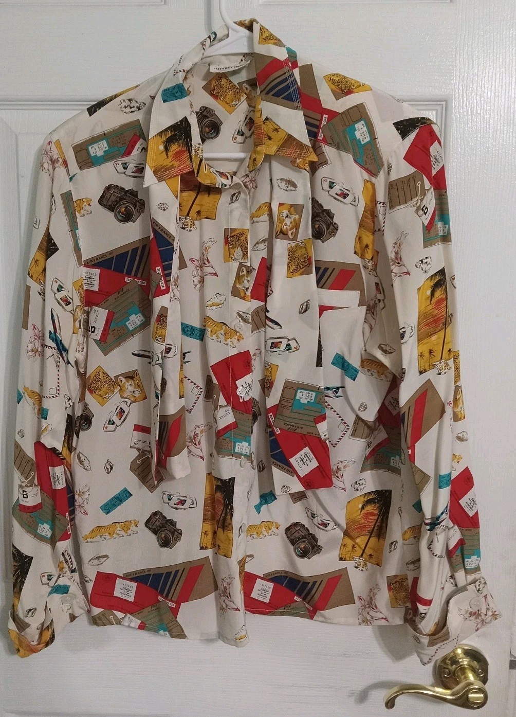 Vintage Import Image Secretary Blouse Womens Animals Camera 100% Silk Size 10