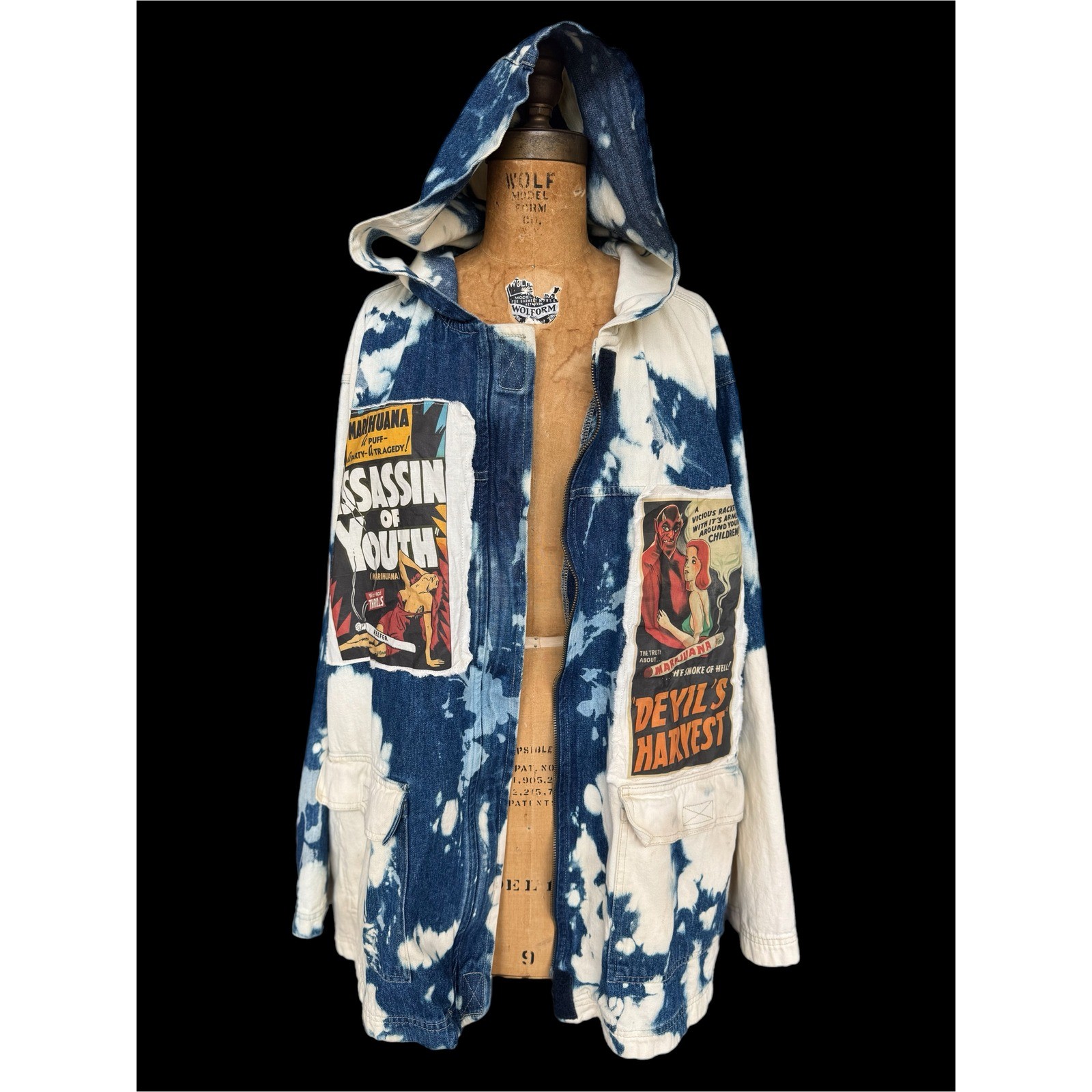 Vintage Marijuana Propaganda Hooded Denim Utility Coat XL XXL Oversized