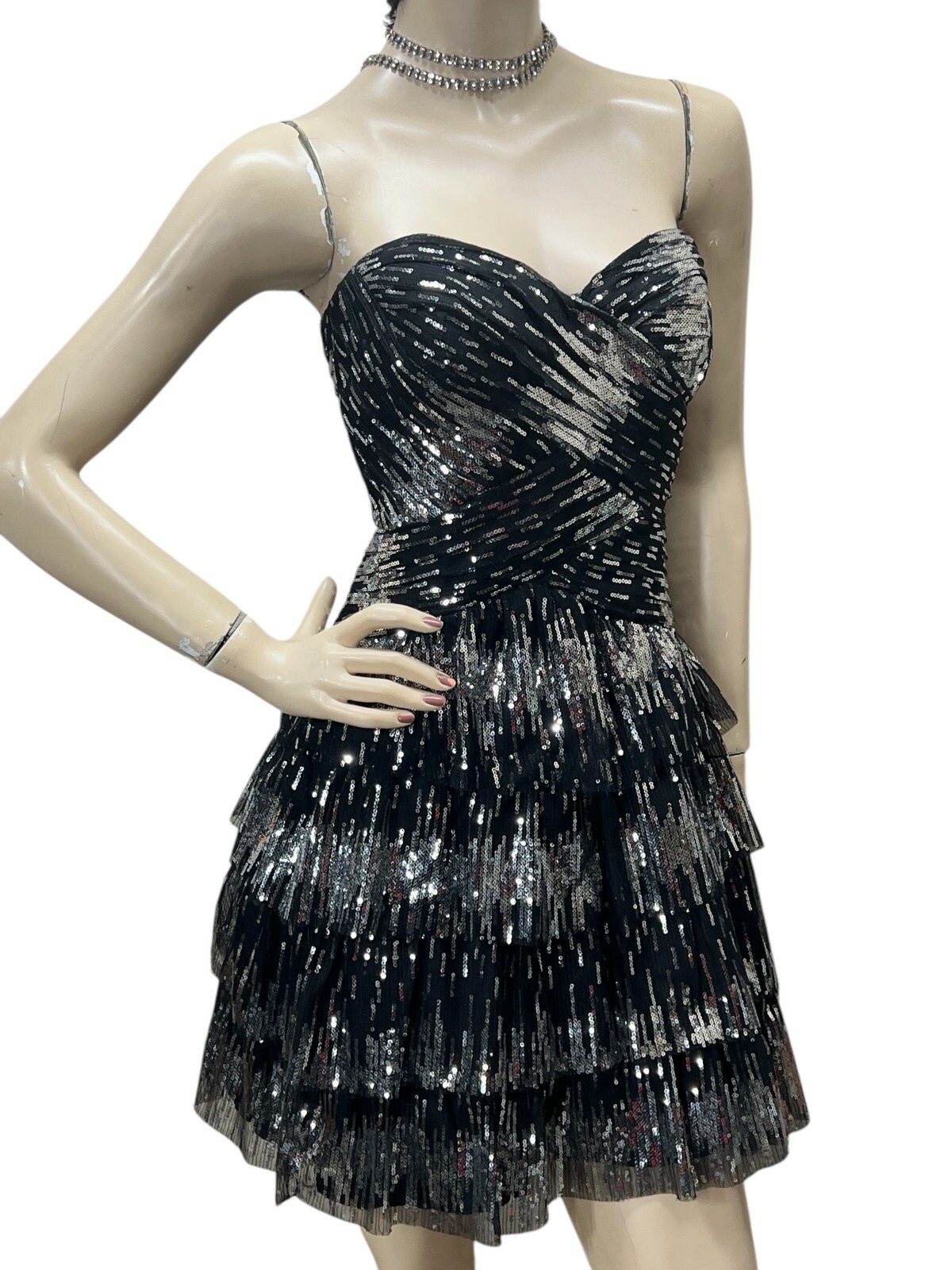 Vtg 90s Sz S Dress Mini METALLIC Strapless Prom Hoco Blondie Nites Stacy Sklar