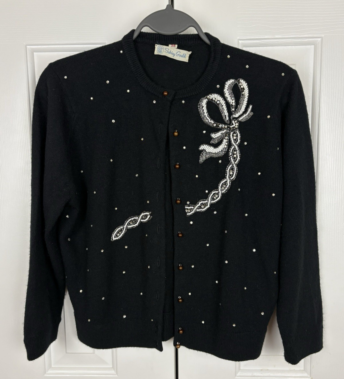 Vintage 1950’s Beaded Cardigan Sweater Black Med 38 Rhinestones Retro Gould