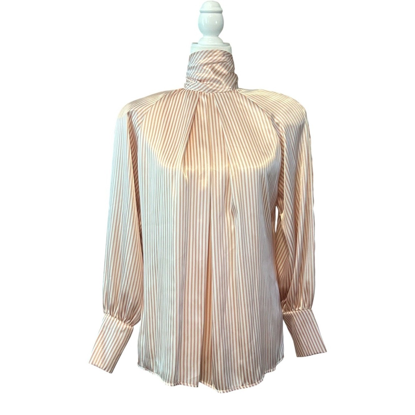 VINTAGE JH COLLECTIBLES Striped High Neck Satin Blouse Shoulder Pads SZ 8 NOS