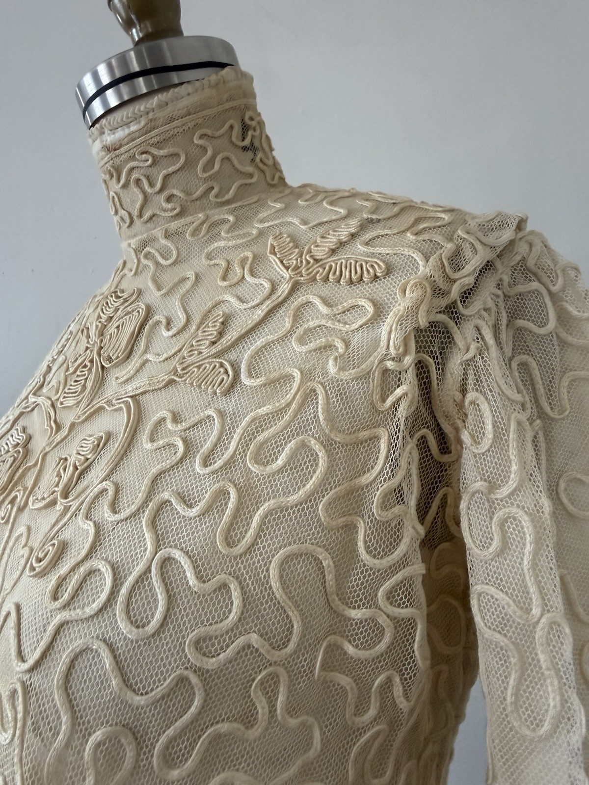 Antique Sheer Net Lace Blouse Top Cord Soutache Embroidery Art Nouveau Bridal XS