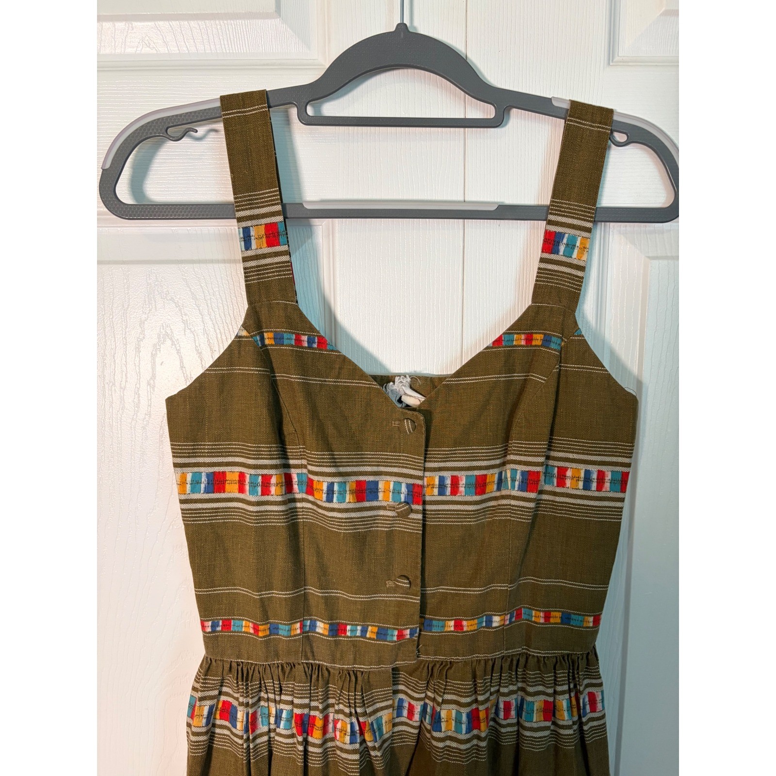 Vintage Coco California Olive Brown Multi Color Stripe Button Front Sun Dress