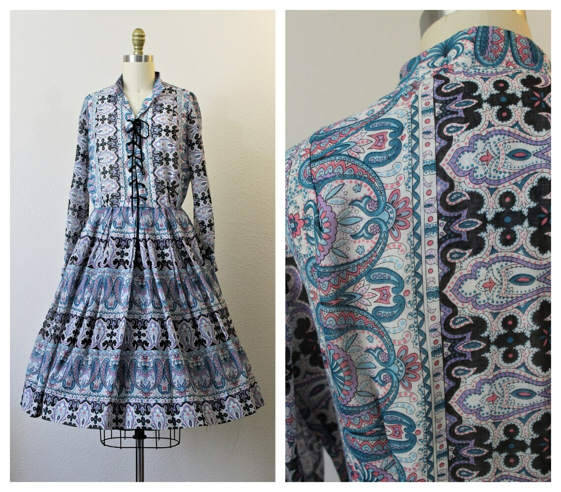 Vintage 60s 1960s Blue Paisley Cotton Voile Avalon Shirt Dress Patio Dress S/M