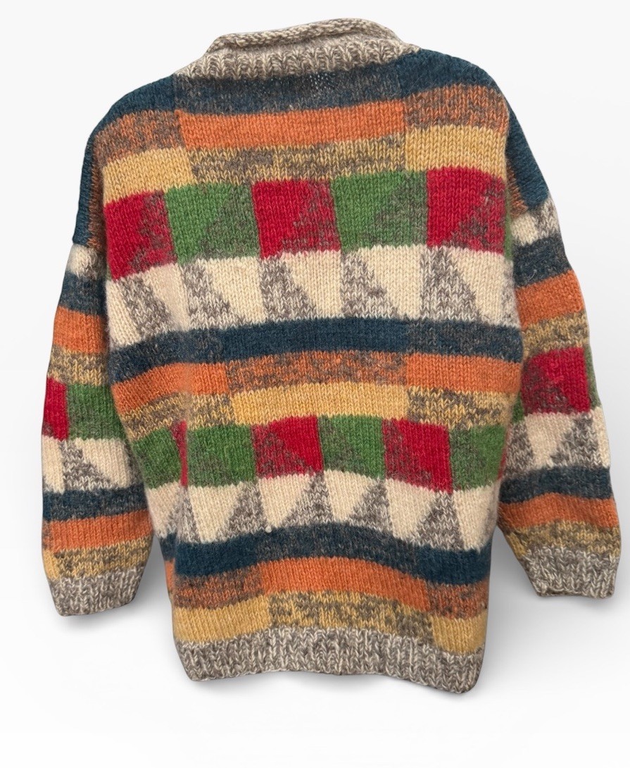 Vtg Patchwork Wool Knit Sweater L/XL Chunky Fuzzy Oversized Multicolor Bright