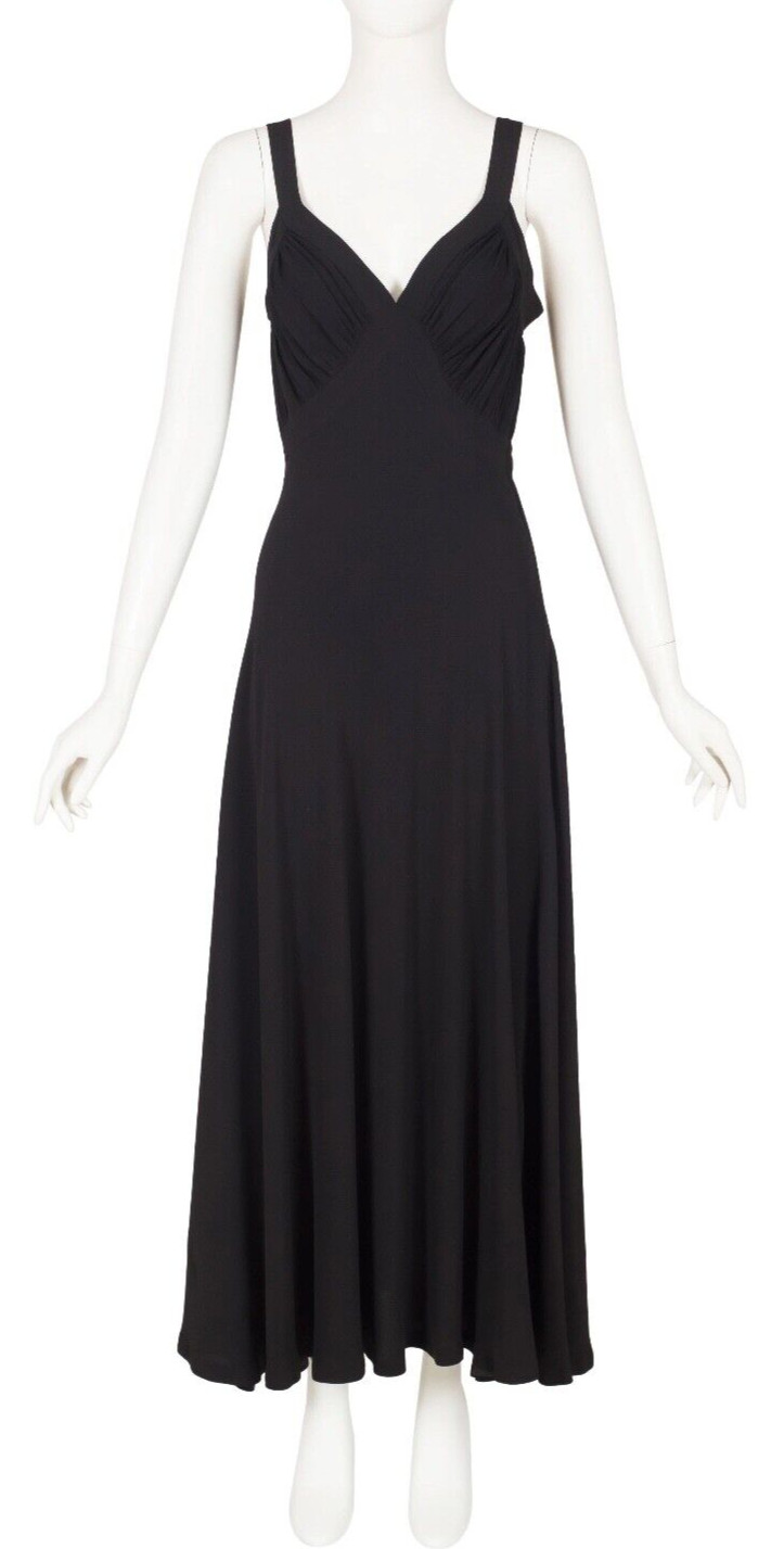 Ceil Chapman 1940s Vintage Black Rayon Crepe Bias Cut Evening Gown Sz XS S