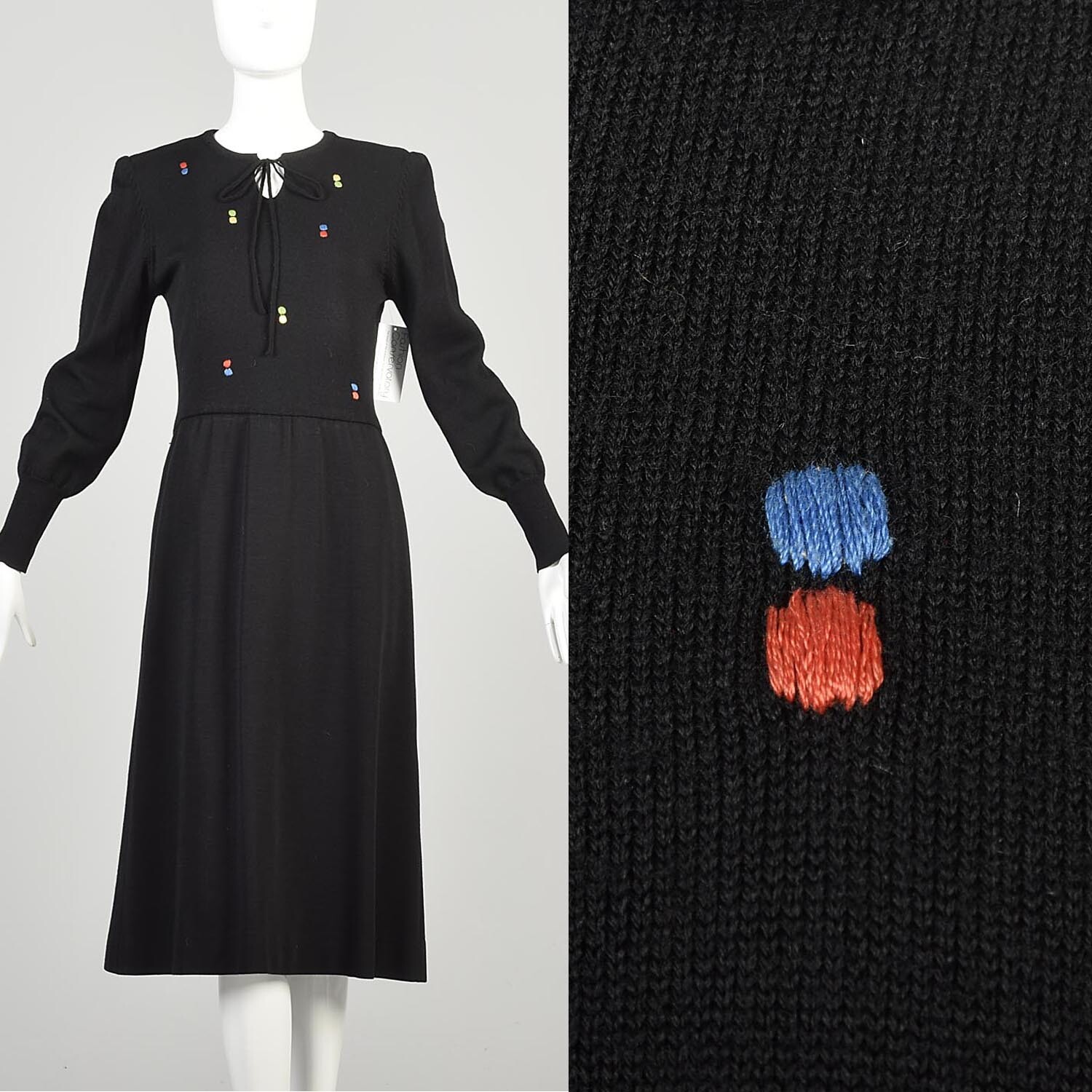 1970s Small Black Wool Knit Dress with Embroidered Dots Long Sleeve Cuffs