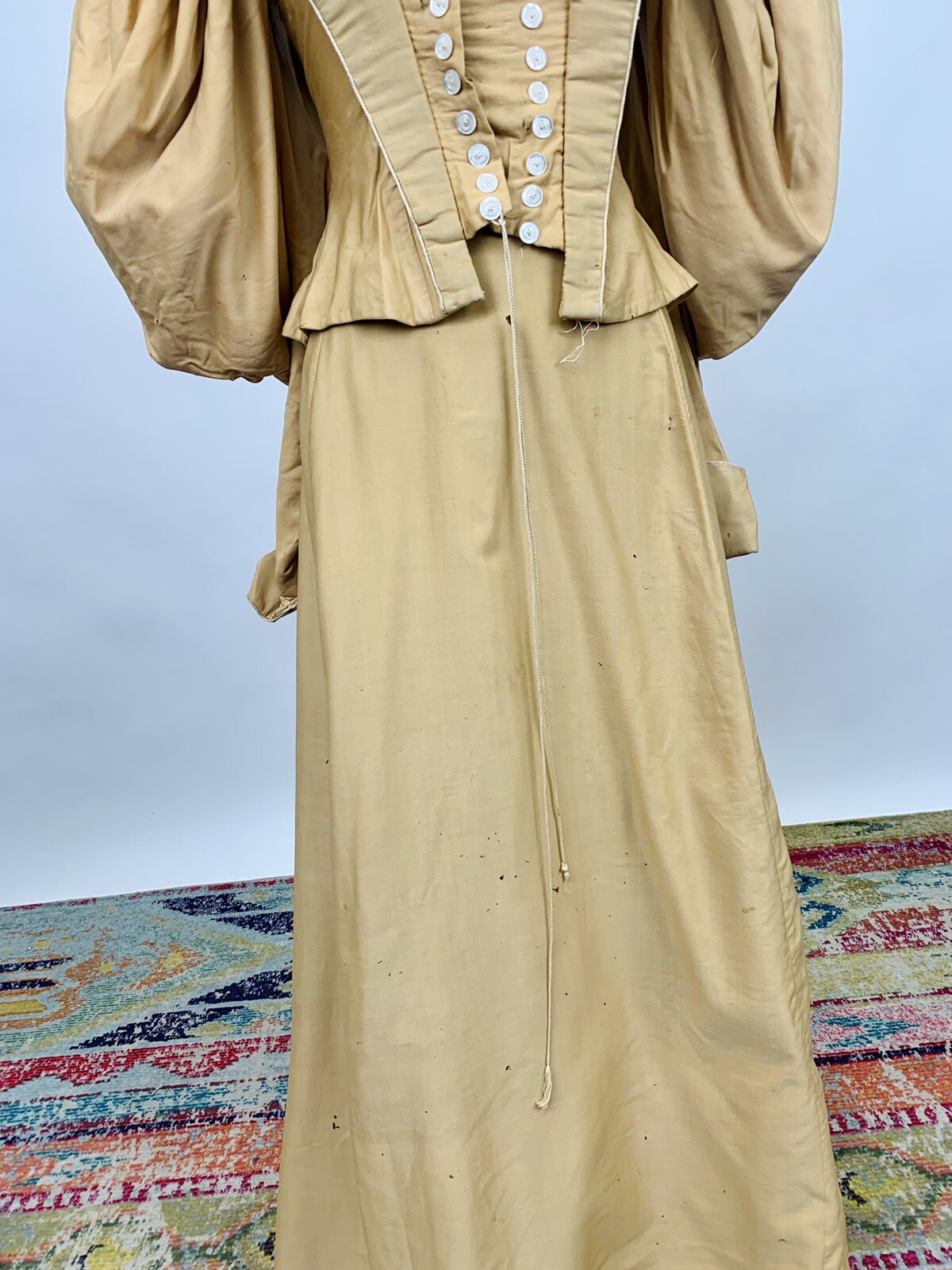 Antique Victorian 1890s Bodice & Skirt Set Tan Silk Leg of Mutton Sleeve AS IS