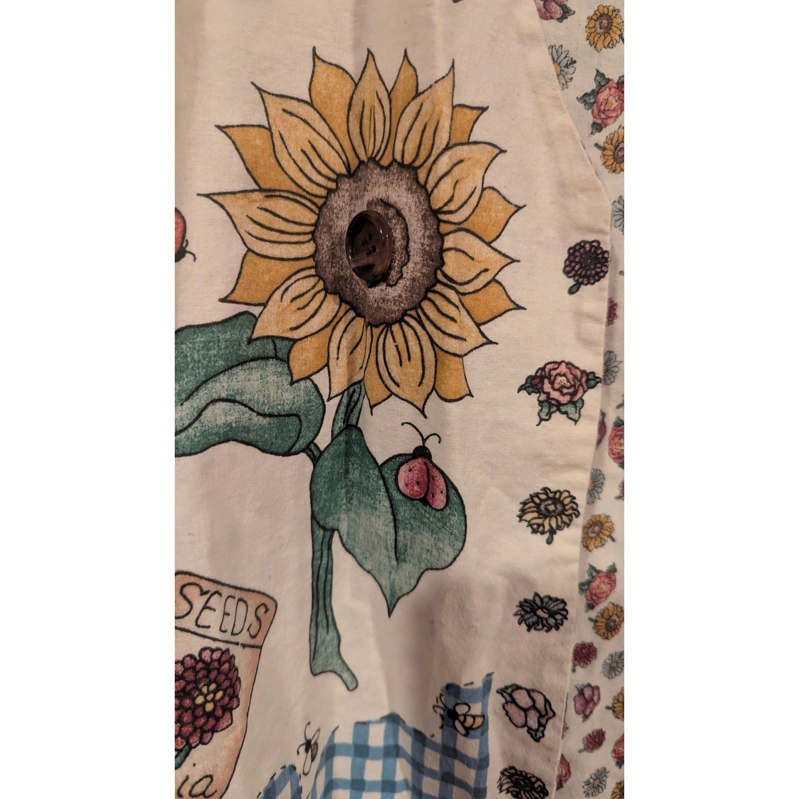 Vintage Reversible Garden Floral Vest Blue Gingham Sunflower Novelty Buttons
