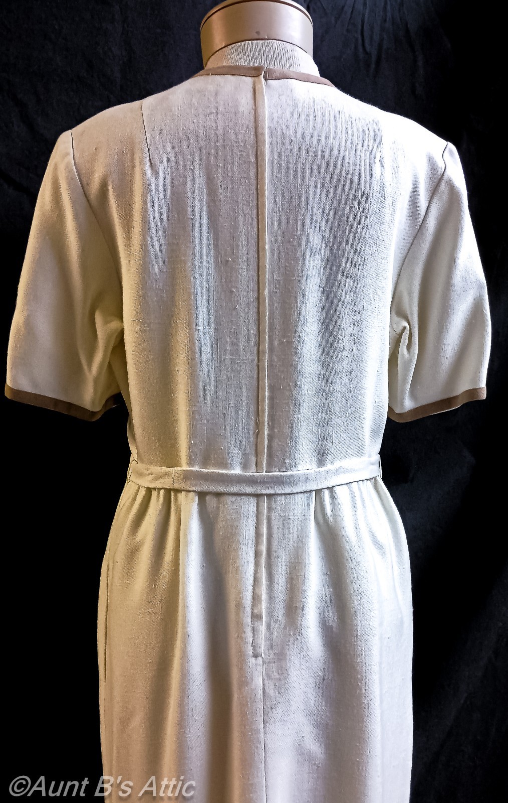 Vtg 70’s Posh By Jay Anderson Ivory Linen W/ Tan Ultra Suede Sheath Dress Medium