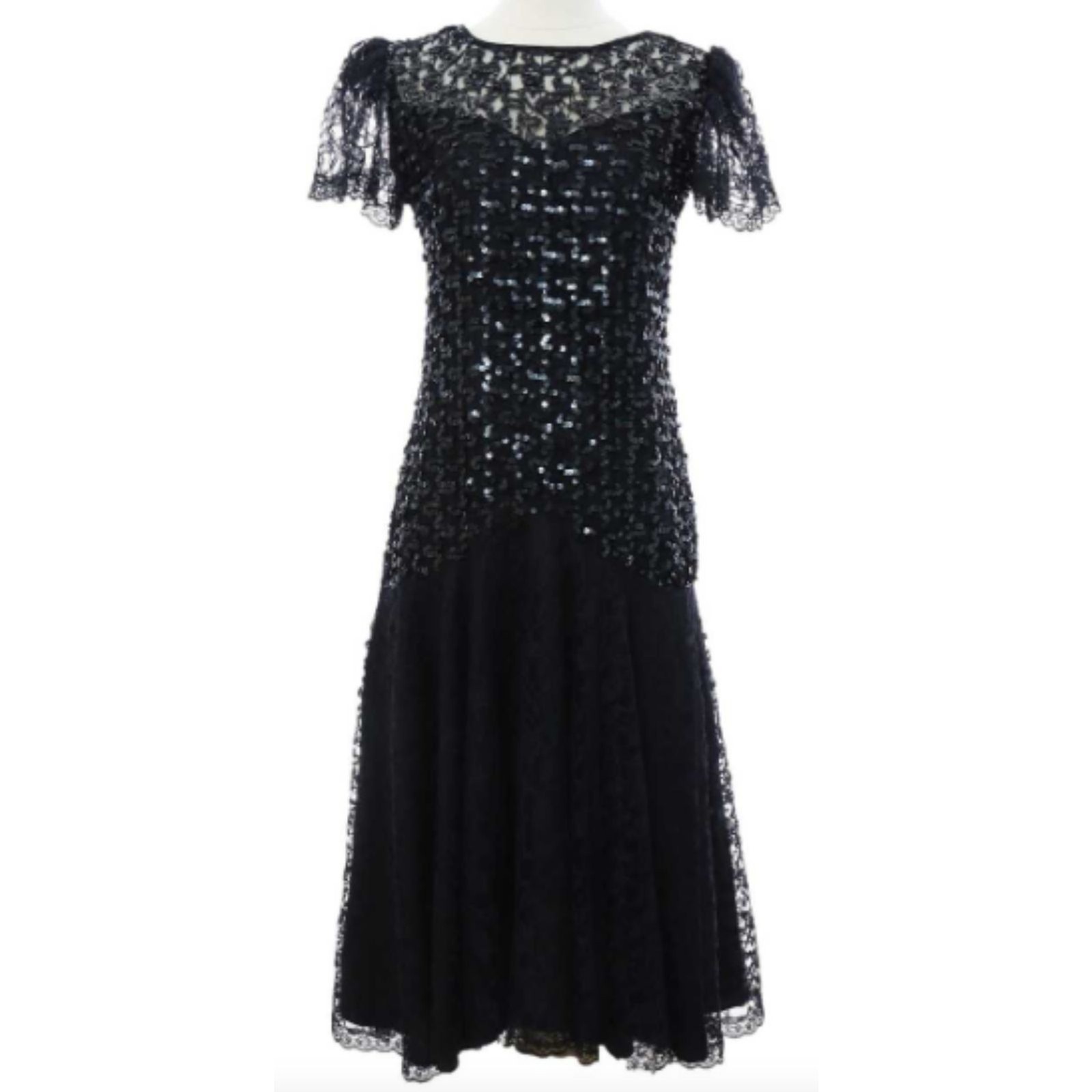 Vintage 80s Precious Moments Prom Coctail Dress Black Lace and Sequin Size 5/6