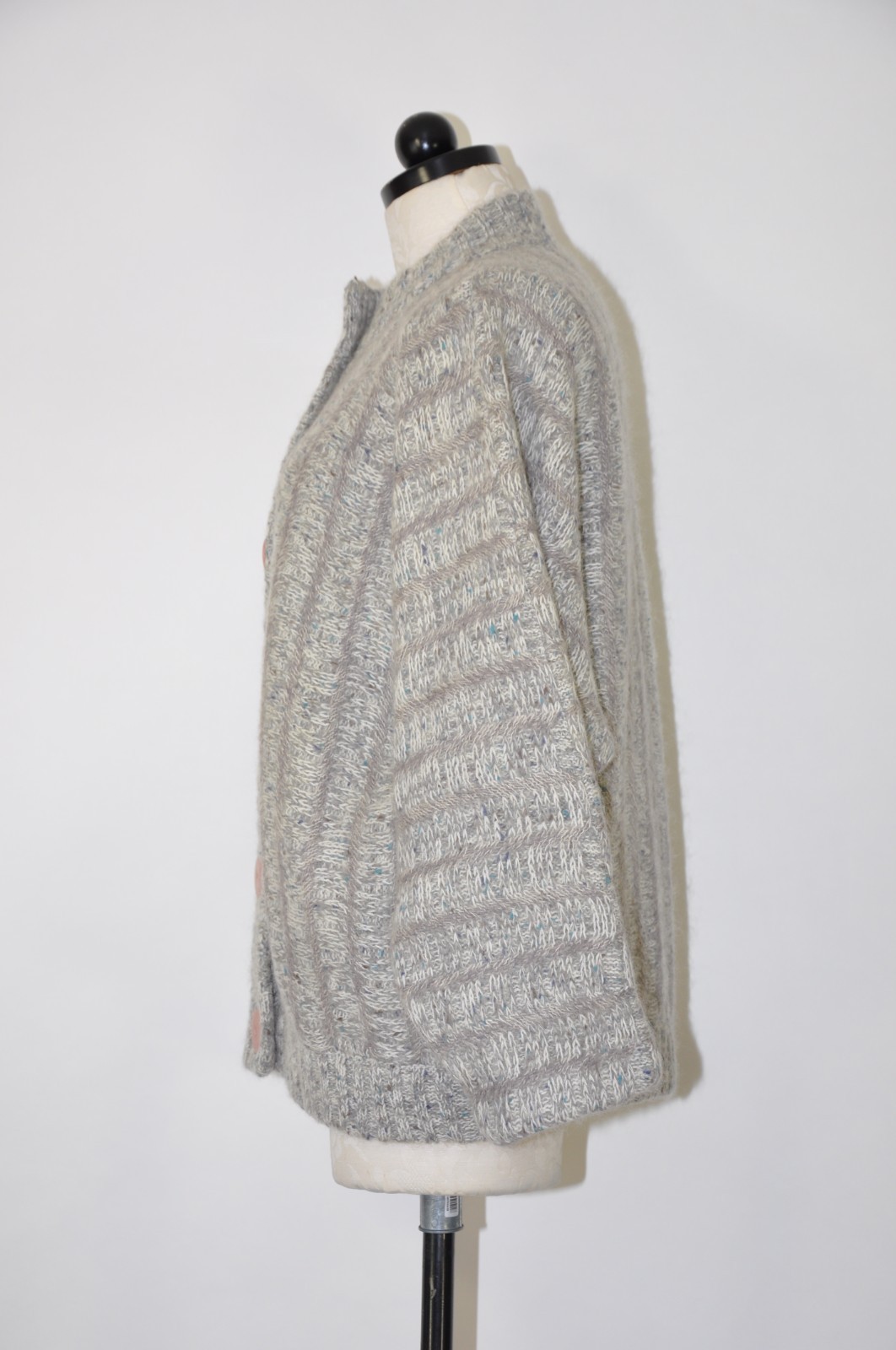 80s Vintage Gray Fuzzy Wool Mohair Buttoned Cardigan Sweater Jacket Women L XL