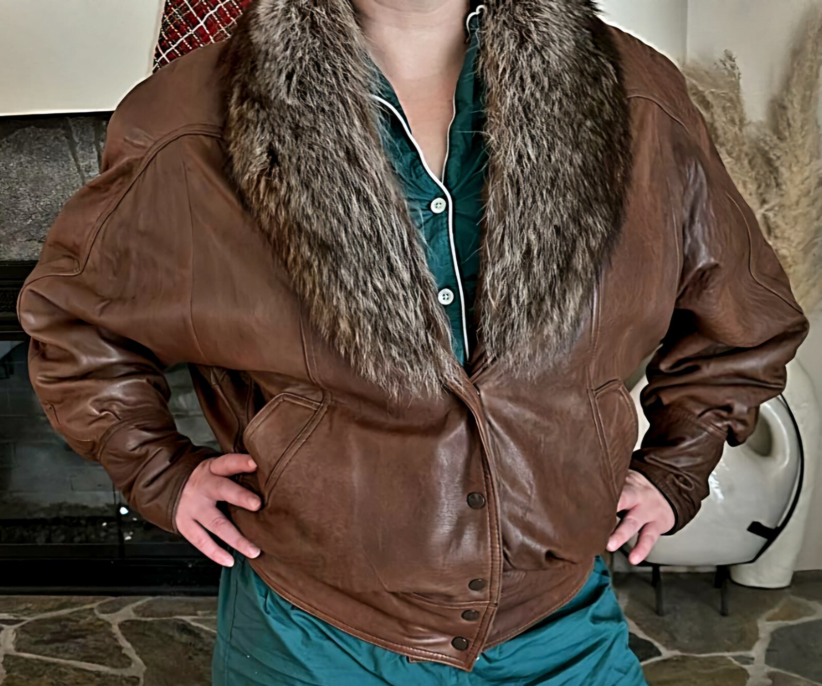 J Walden Vintage Leather & Raccoon Fur Brown Bomber Jacket Size 7/8