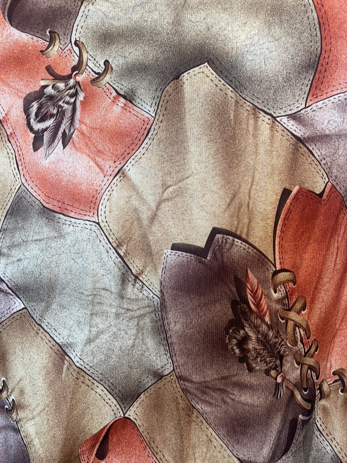 Vintage 1970s Whipstitch Leather Patchwork Feather Print Hippie Blouse Top Shirt