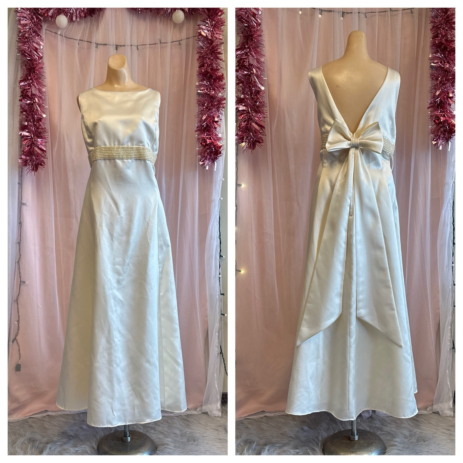 Vintage 90s Plus Size Evening Formal Dress Ivory Beaded Maxi Sleeveless 2X 3X