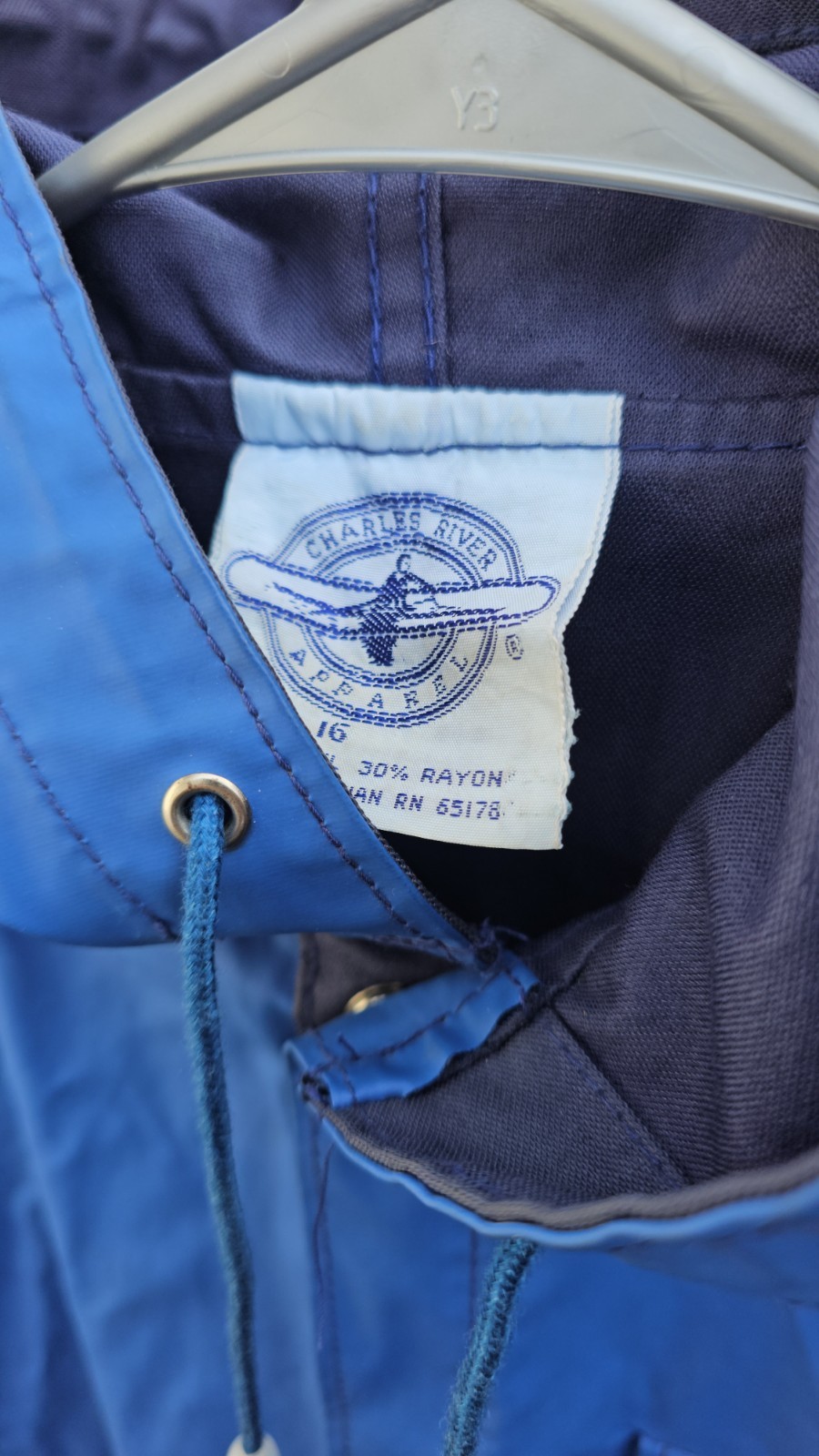 VTG Rain Coat Size Large Charles River Apparel Blue Hooded Rayon Vinyl SIZE 16