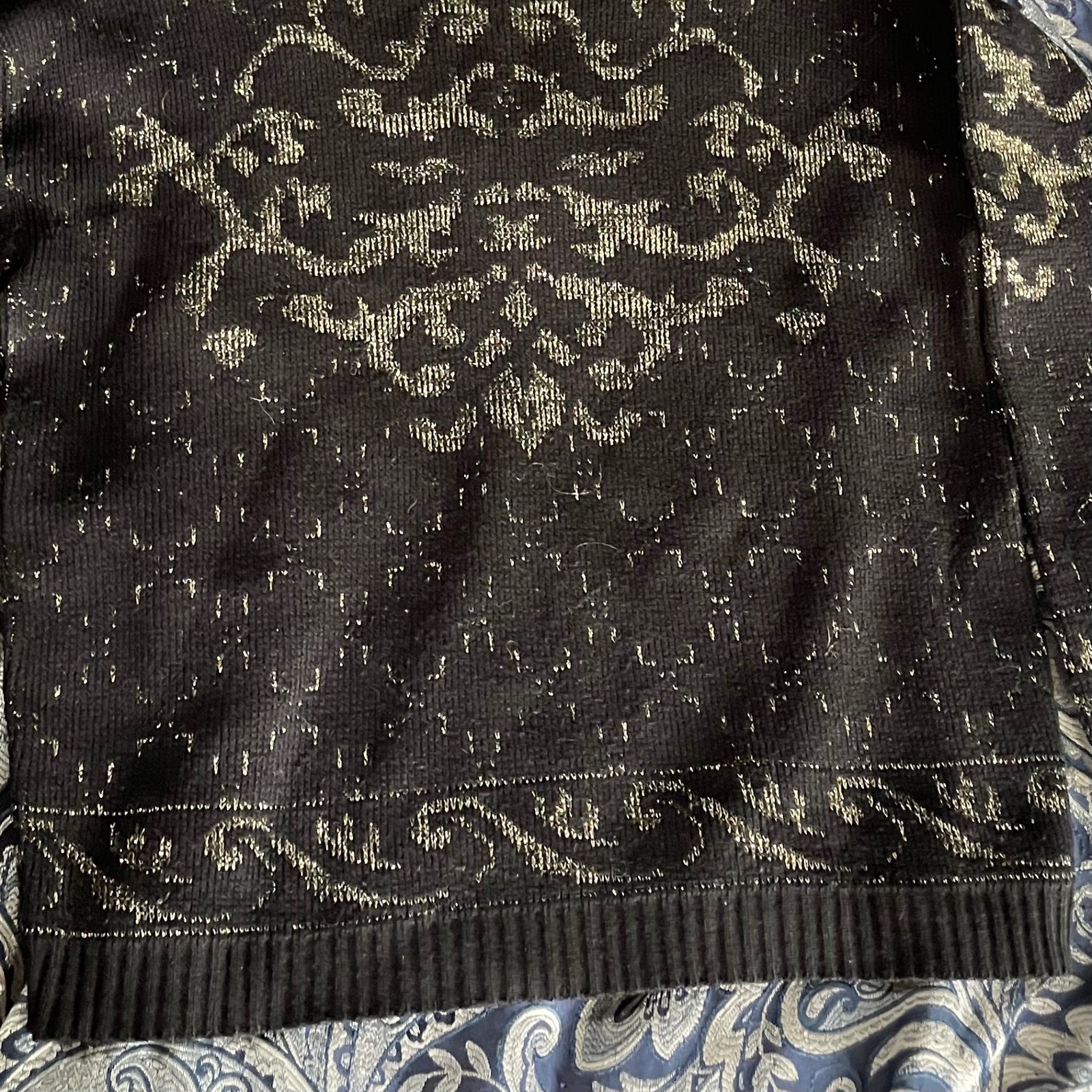 Vintage Black Gold Metallic Lurex Scroll Pattern Mock Neck Sweater Made in USA