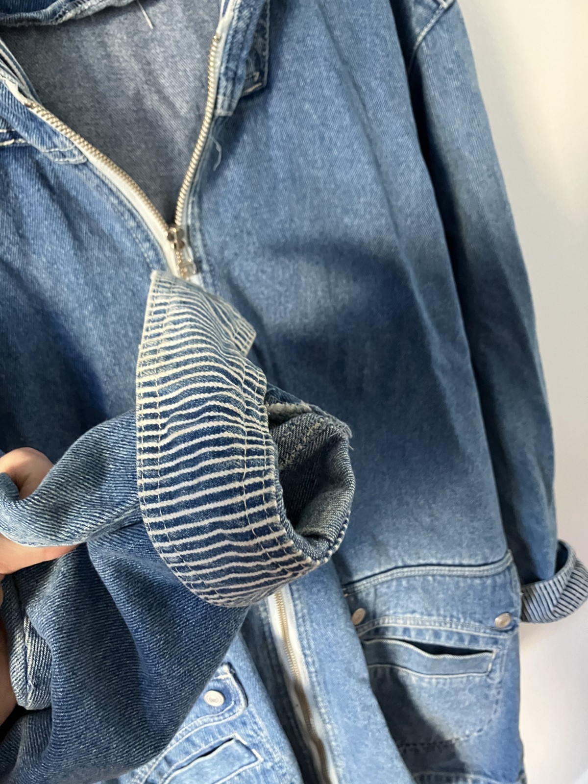 Vintage 90s Andy Johns Long Denim Jean Jacket Zip Front Hooded Women’s M