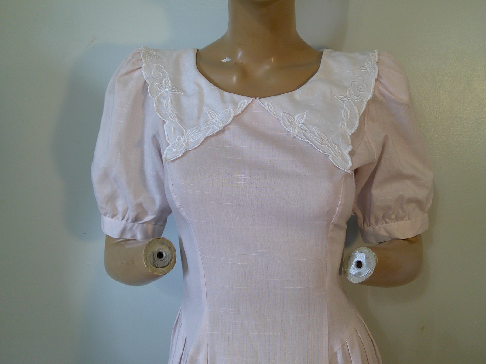 Vtg 80’s Garden Party Modest Style Pink Drop Waist Puff Slv Lace Collar Dress 8