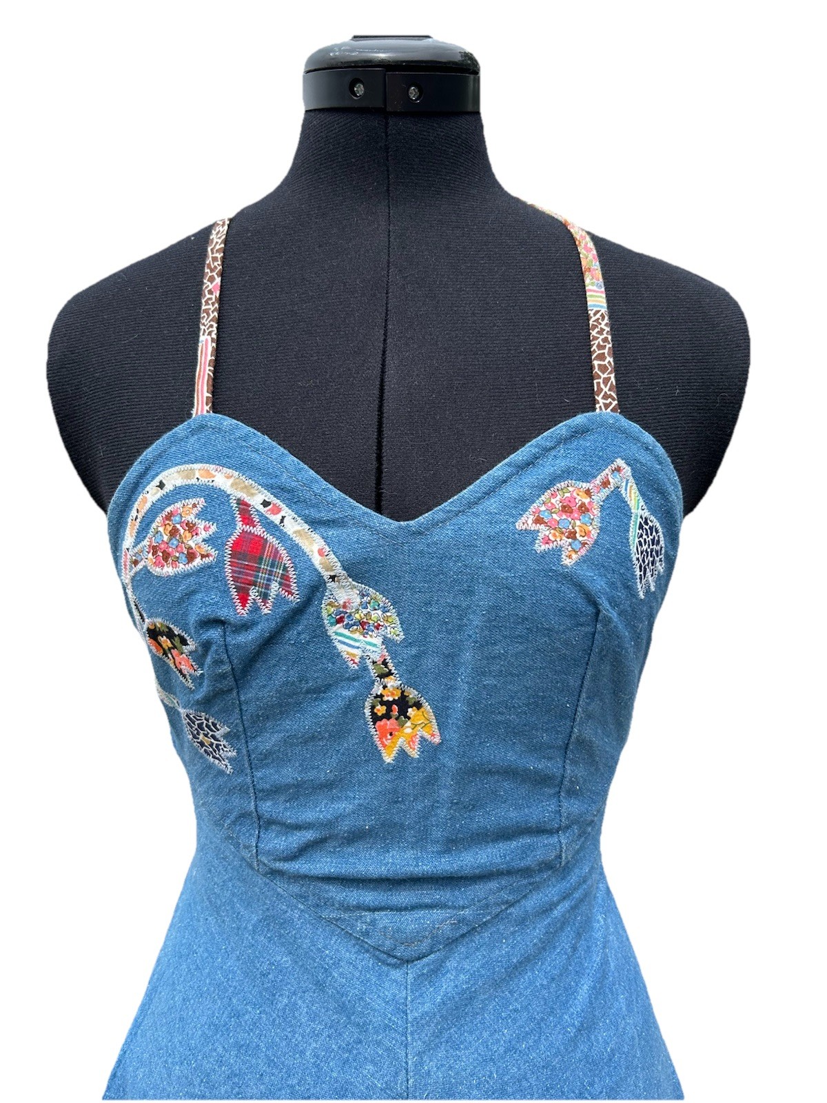Vtg 80s Oops California Junior Denim Dress Patchwork Flowers Halter Backless Sm