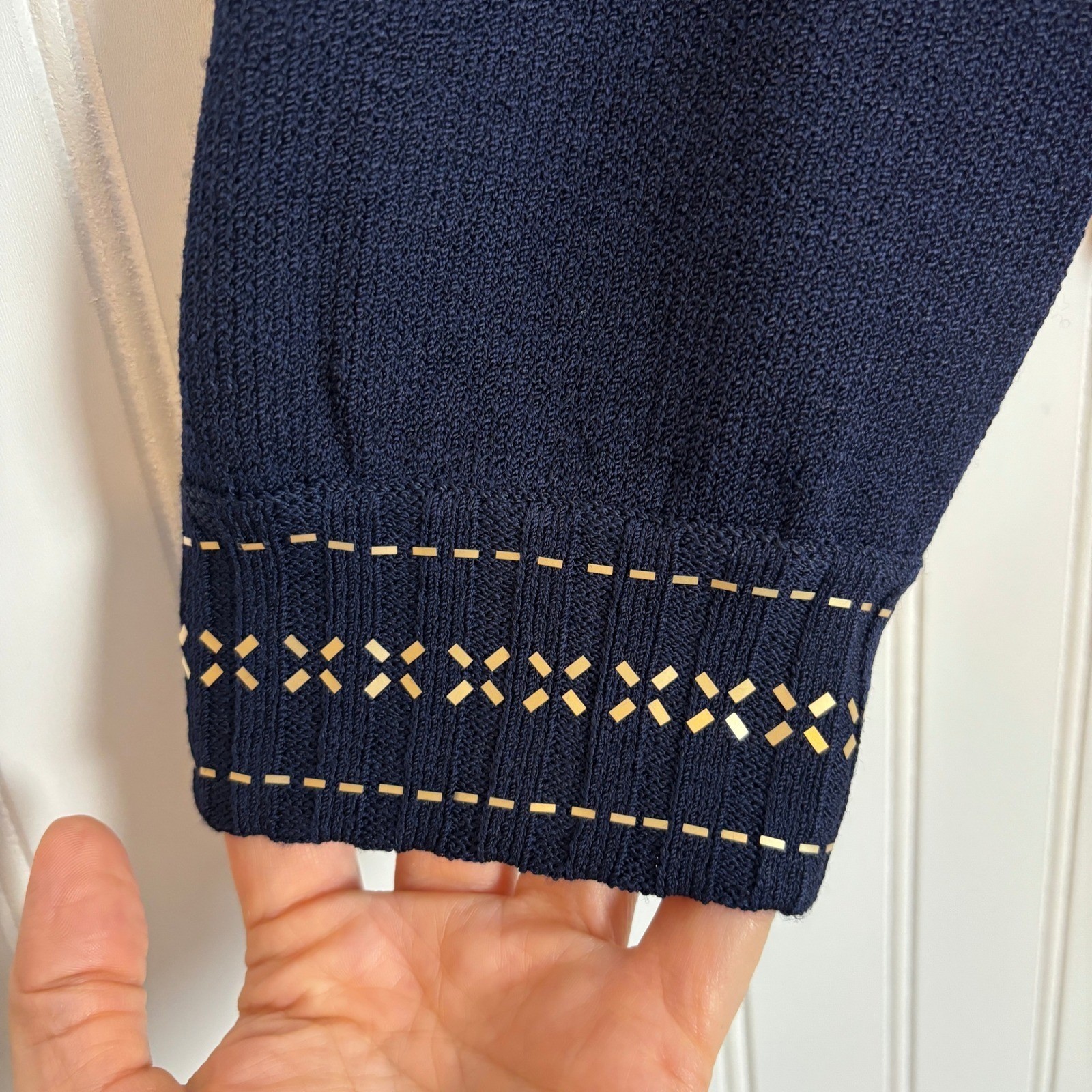Vintage St. John Collection Knit Jacket Women 16 Navy Blue Gold Studded Zip Up
