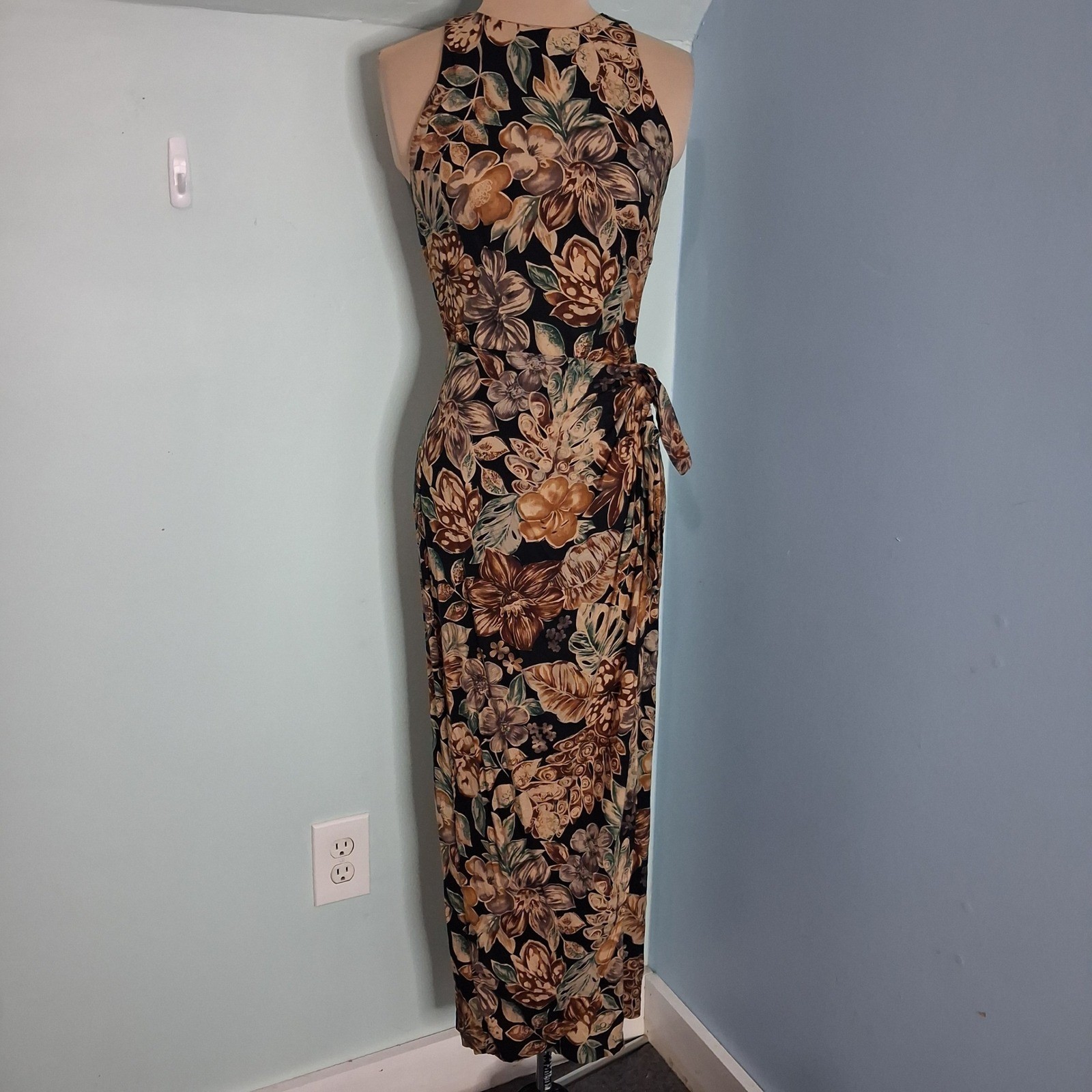All That Jazz VTG 90s Floral Maxi Dress Halter Neck Tie Waist Brown Black 5/6