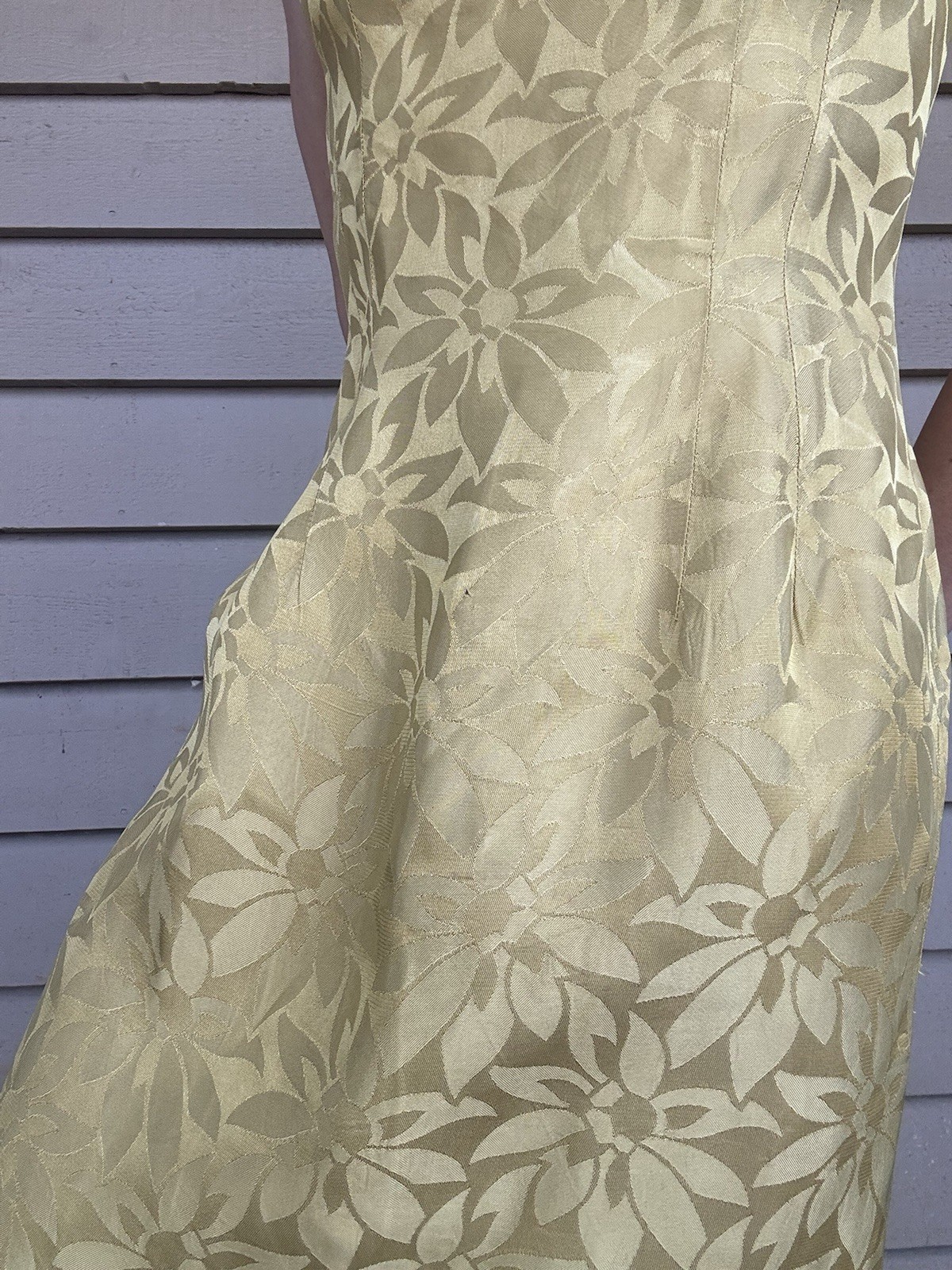 Vintage 1960’s Gold Metallic Floral Print Botanical Brocade Wiggle Pencil Dress