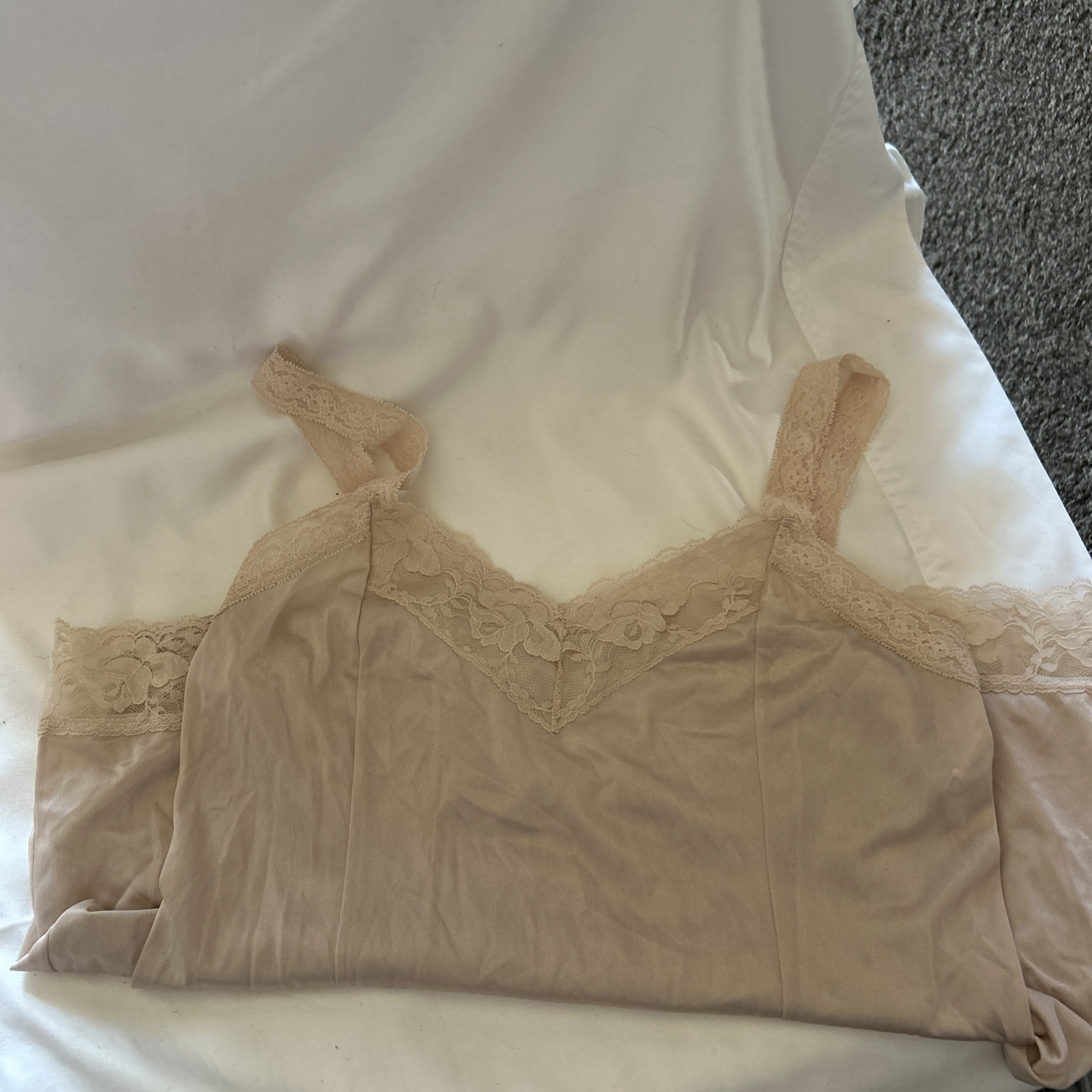Deena Silky Long Vintage Slip 36 Beige Floral Lace Trim Lingerie Sleepwear