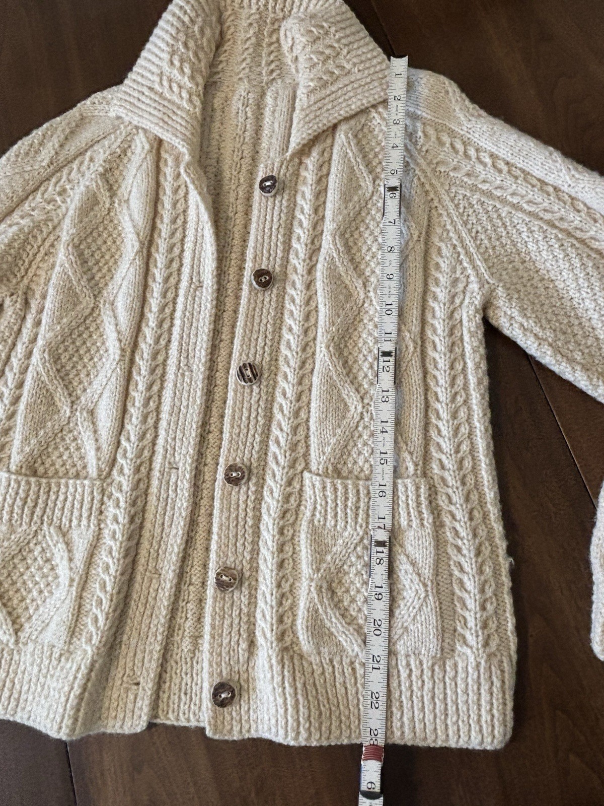 VTG 1970s Sweater Ivory Cream Cable Knit Cardigan Button XS B32″