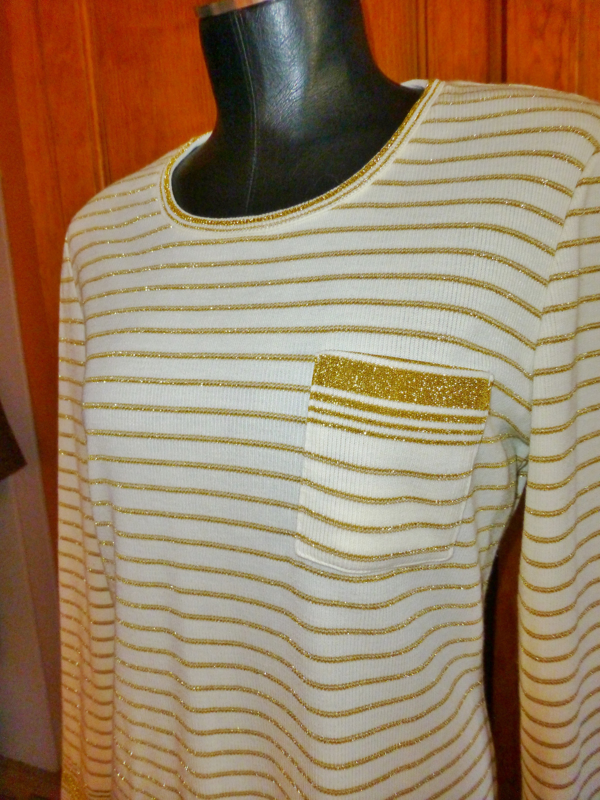 Vtg 70s GOLD Metallic Stripe Ribbed Knit Retro Cocktail TOP SWEATER Tunic M