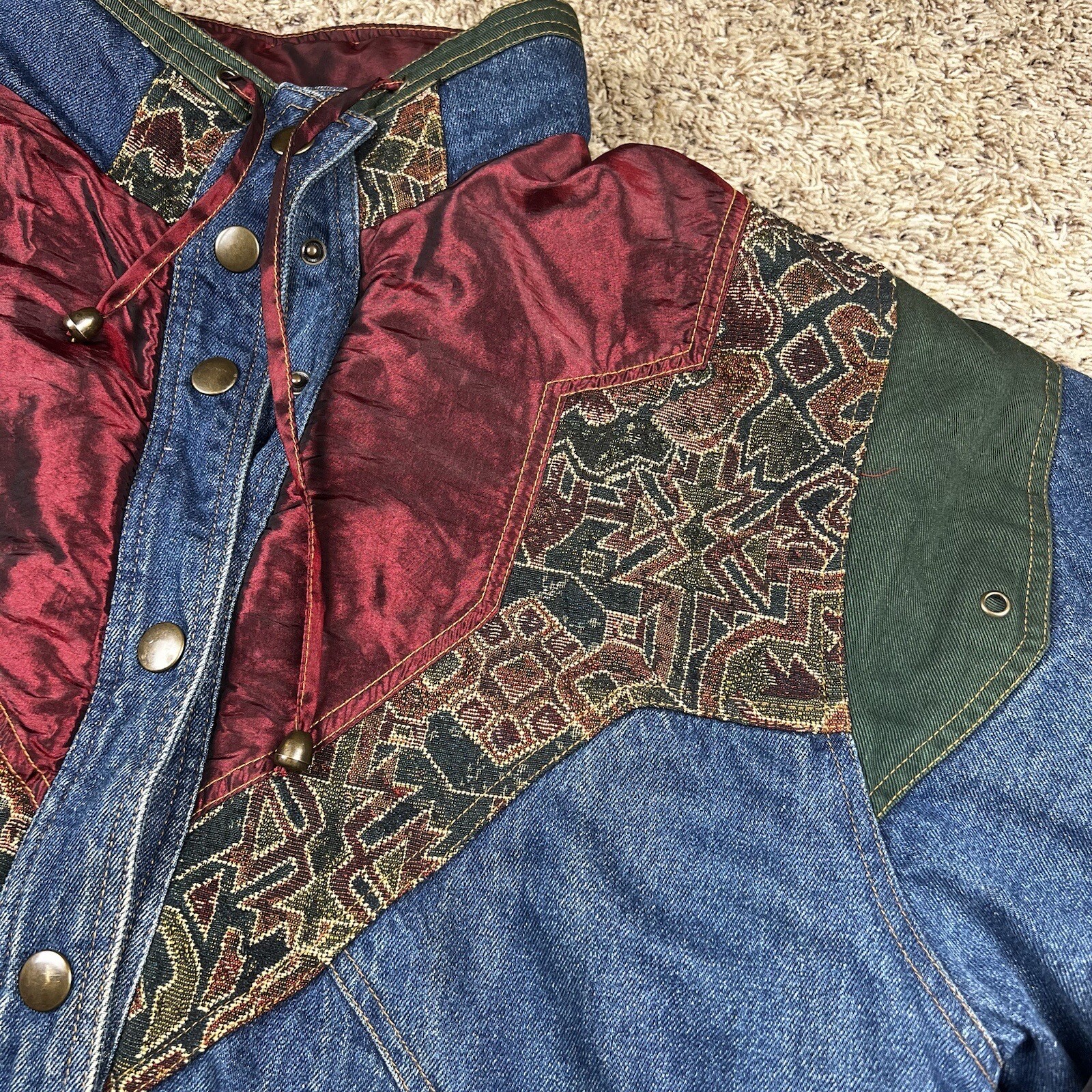 Vintage 90s Two Twenty Women’s Blue Denim Patchwork Winter Lined Jacket XL Long