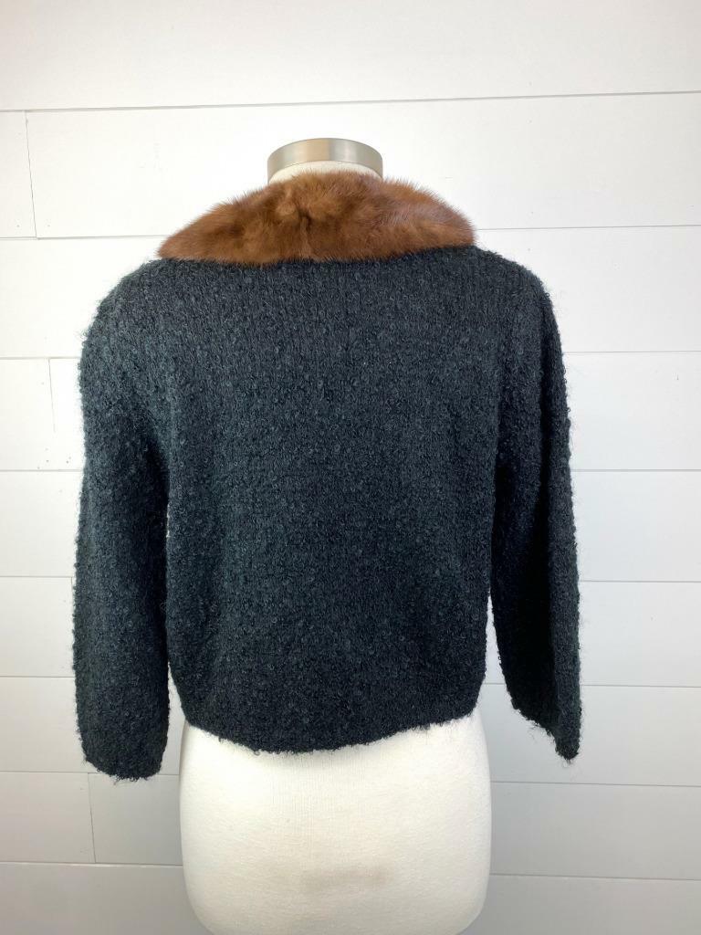 Vintage Century of Boston Black Wool Cardigan Sweater Mink Fur Collar Womens M